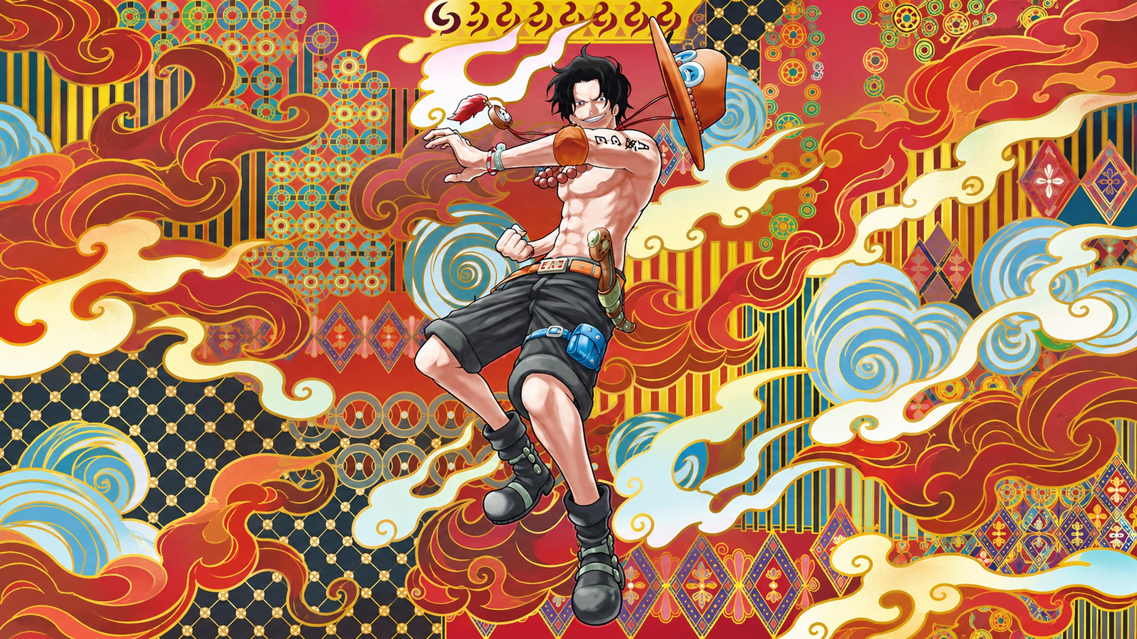 Portgas D. Ace desktop wallpaper: Ace leaps through swirling flames and clouds over a red and gold patterned background, wearing his orange hat