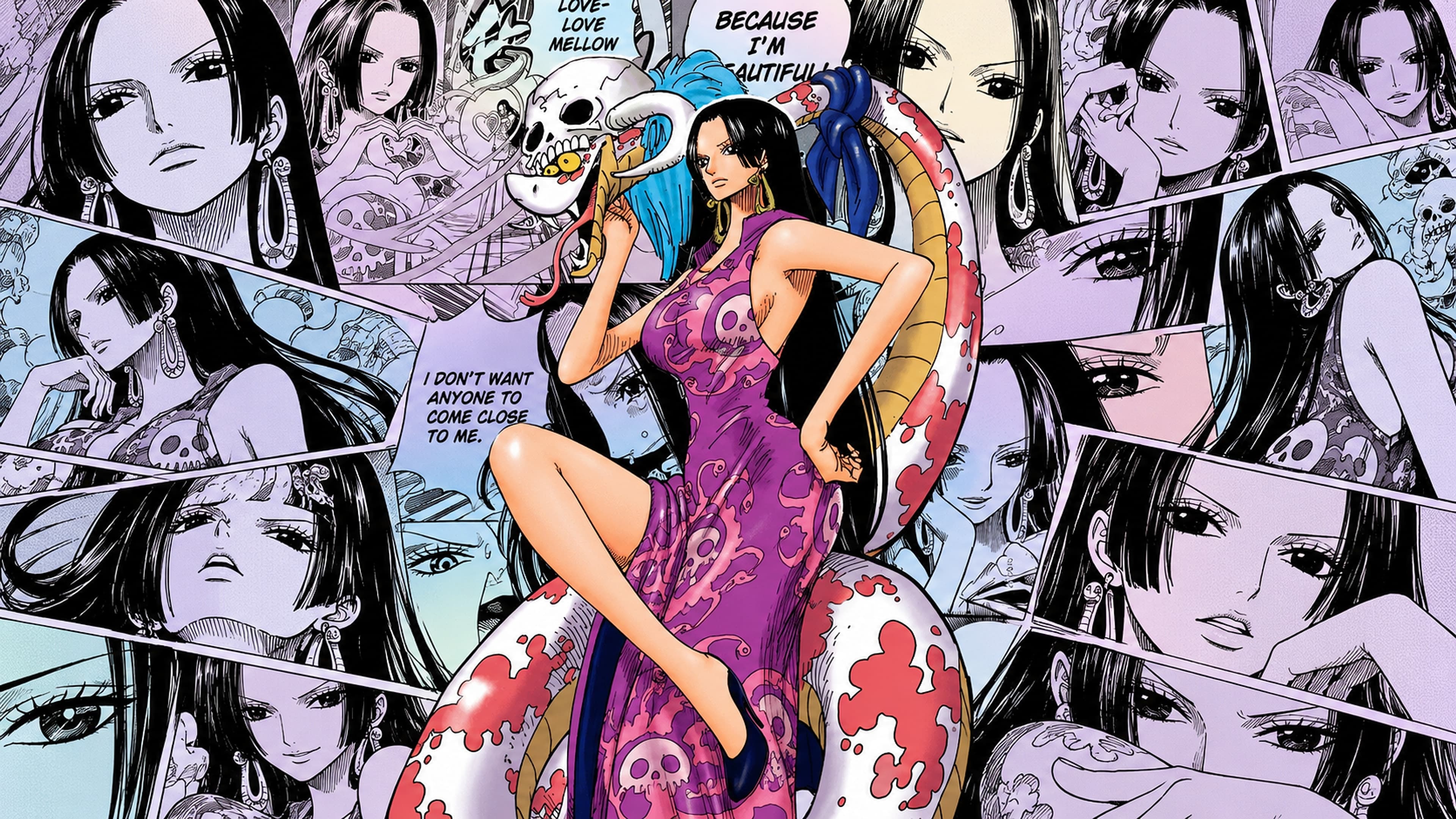 Boa Hancock desktop wallpaper: Boa Hancock stands in a purple skull-print dress with her snake Salome coiled around her, over a collage of manga panels