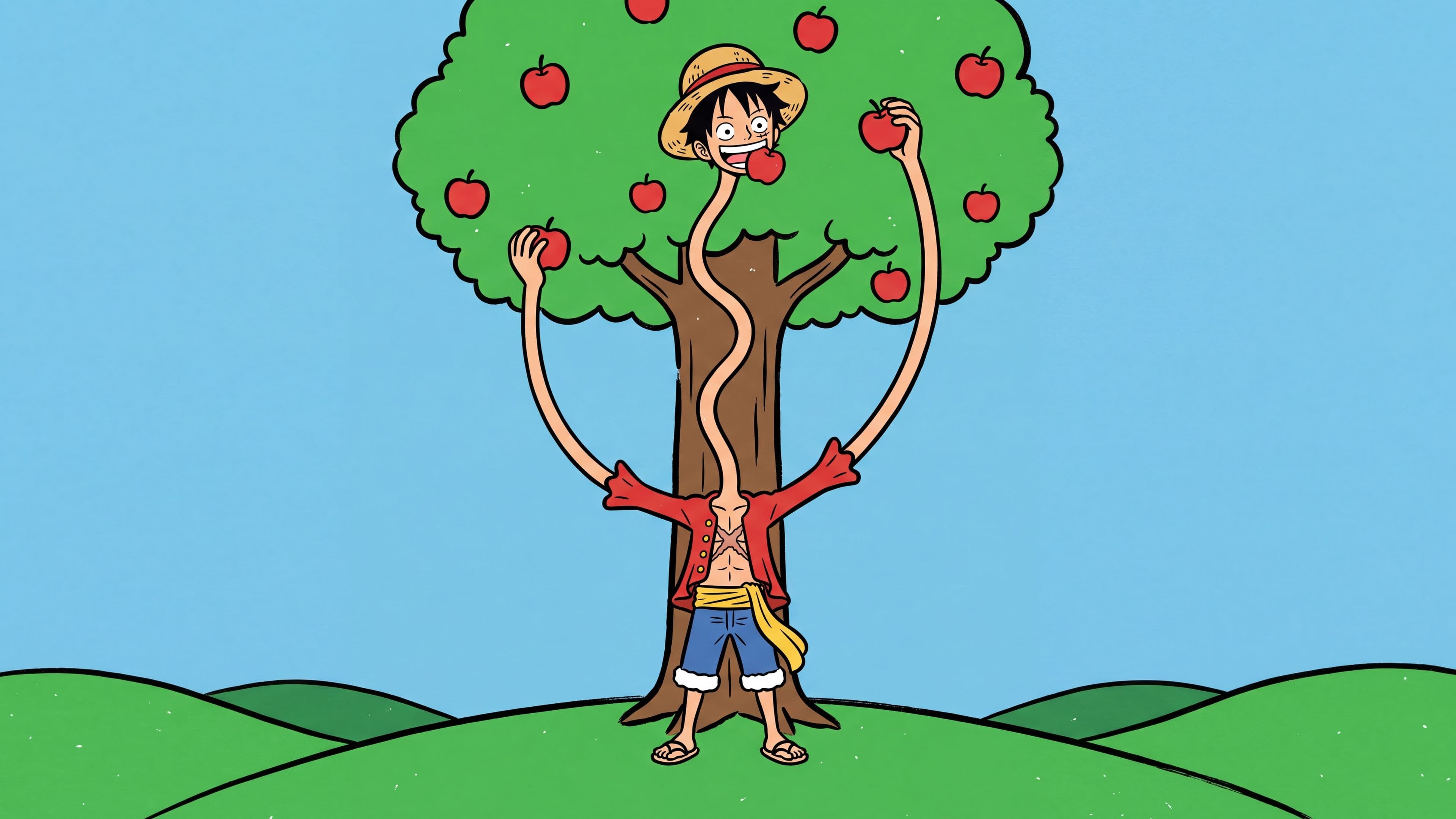 Monkey D. Luffy desktop wallpaper: Luffy stretching his neck and arms up into a tall apple tree to grab apples