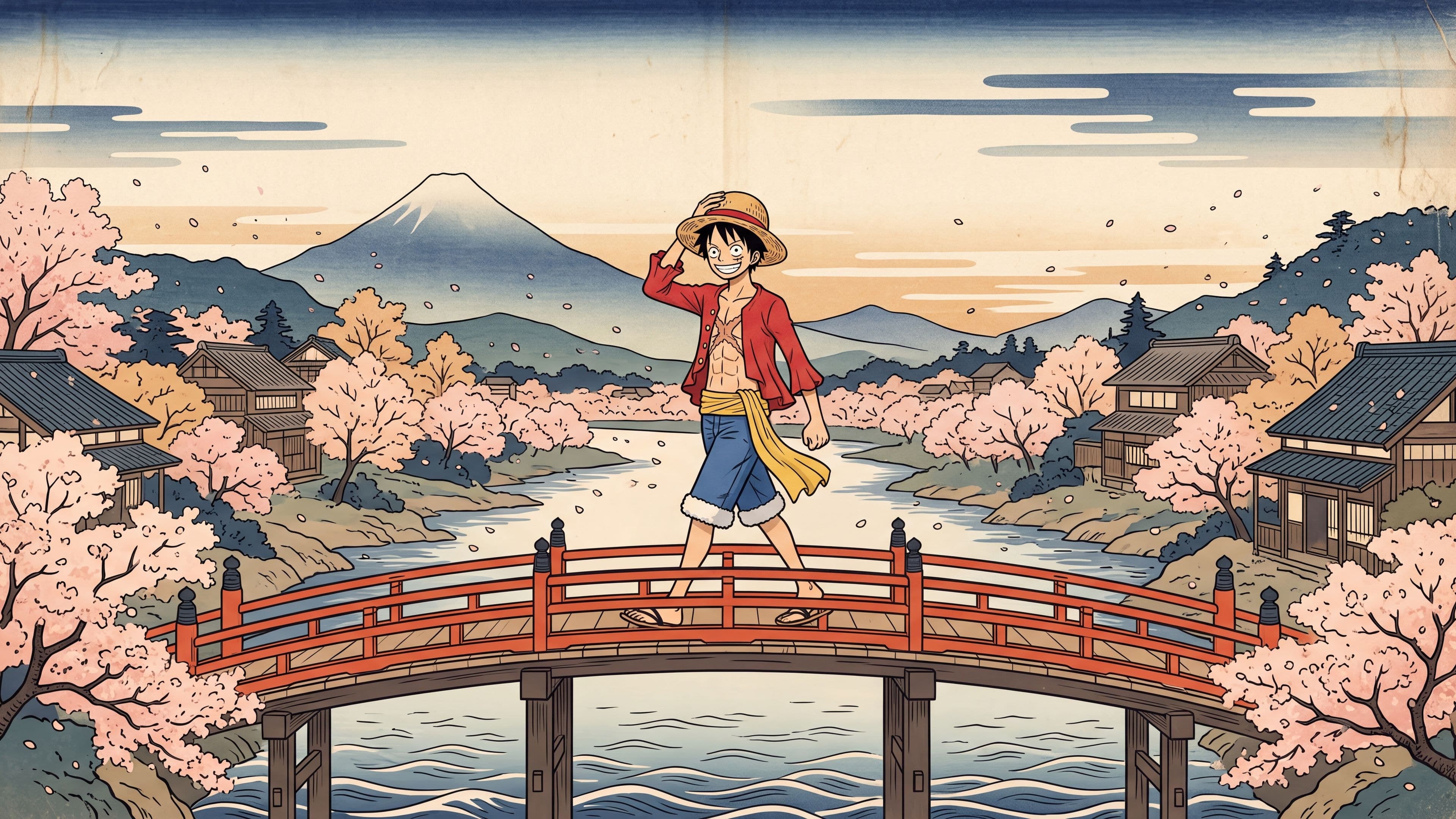 Monkey D. Luffy desktop wallpaper: Luffy walking across a red arched bridge in a Japanese mountain village with cherry blossoms falling