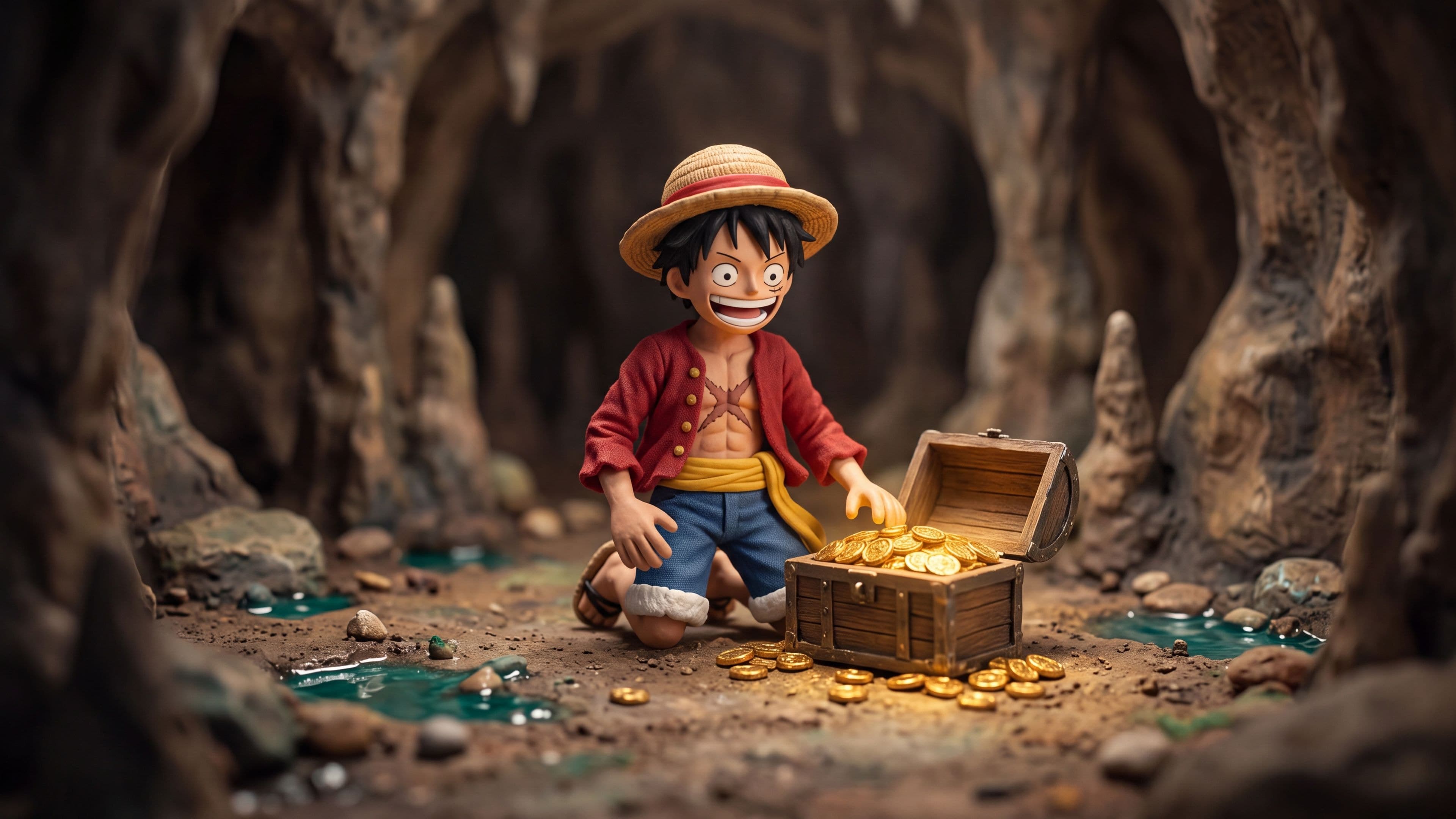 Monkey D. Luffy desktop wallpaper: A clay Luffy kneeling by an open treasure chest of glowing gold coins in a tiny handmade cave