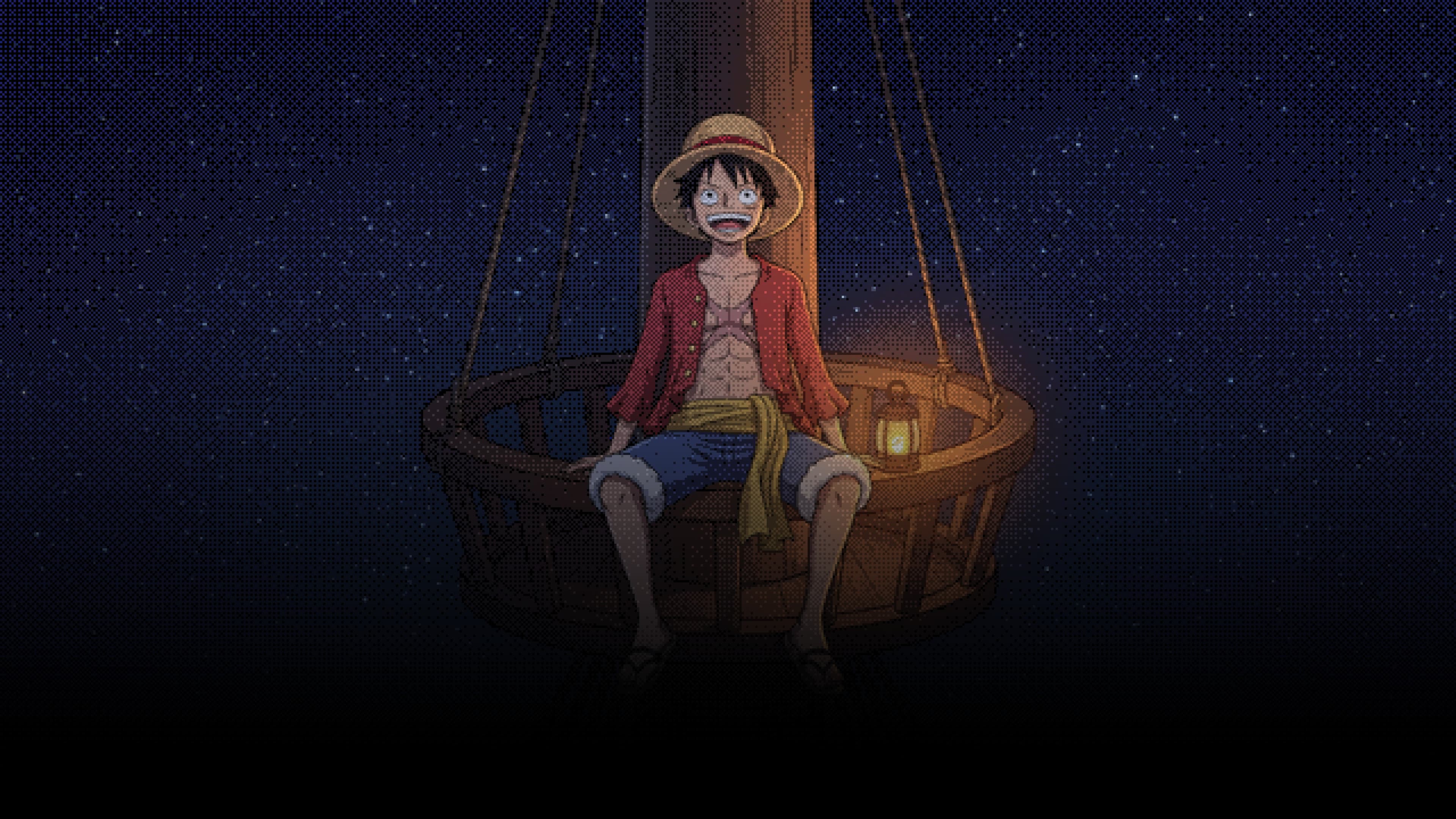 Monkey D. Luffy desktop wallpaper: Luffy sitting in the crow's nest at the top of a ship's mast under a sky full of stars, a lantern beside him