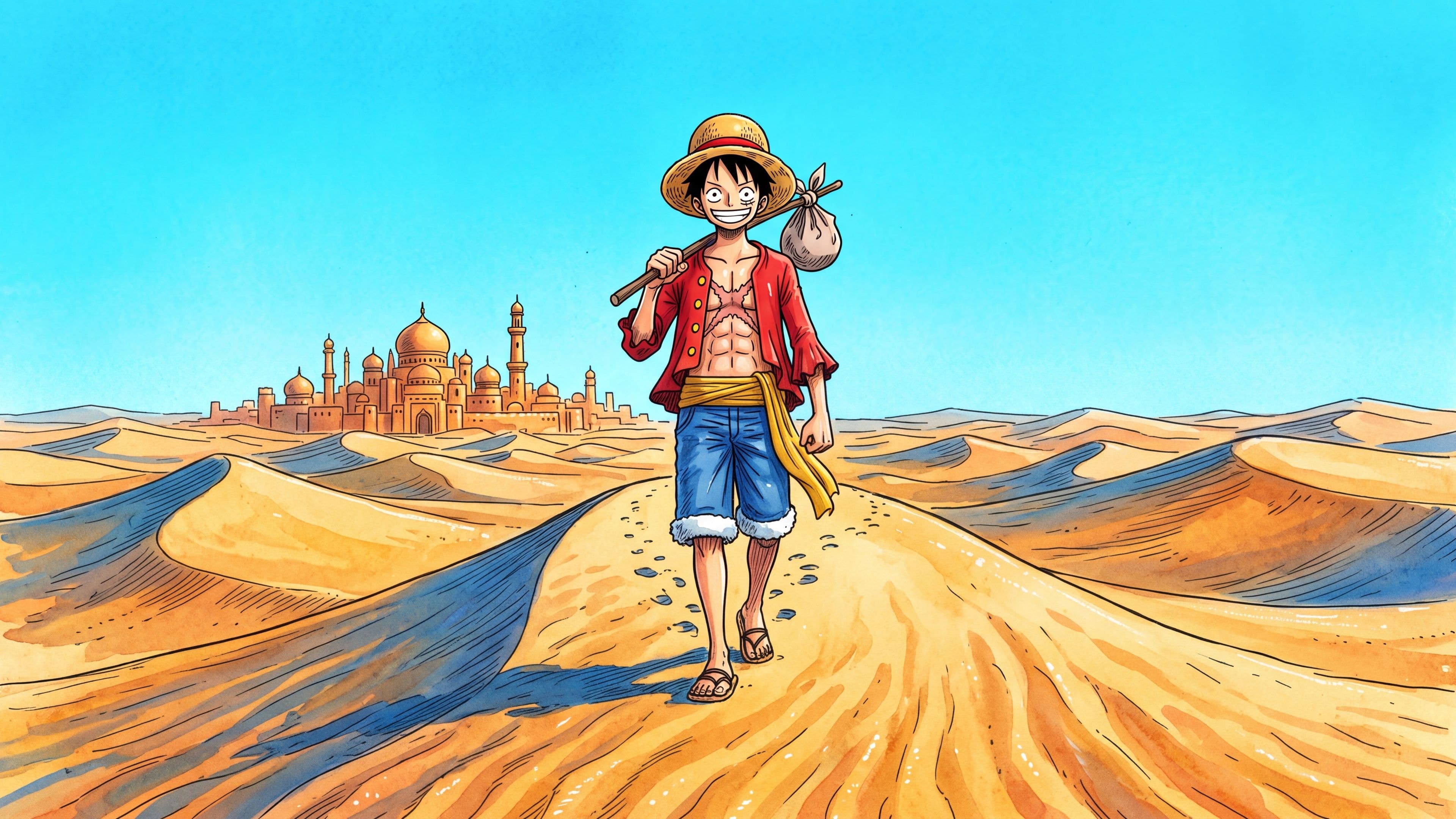 Monkey D. Luffy desktop wallpaper: Luffy walking over desert sand dunes with a bundle on his shoulder, a sandstone city on the horizon