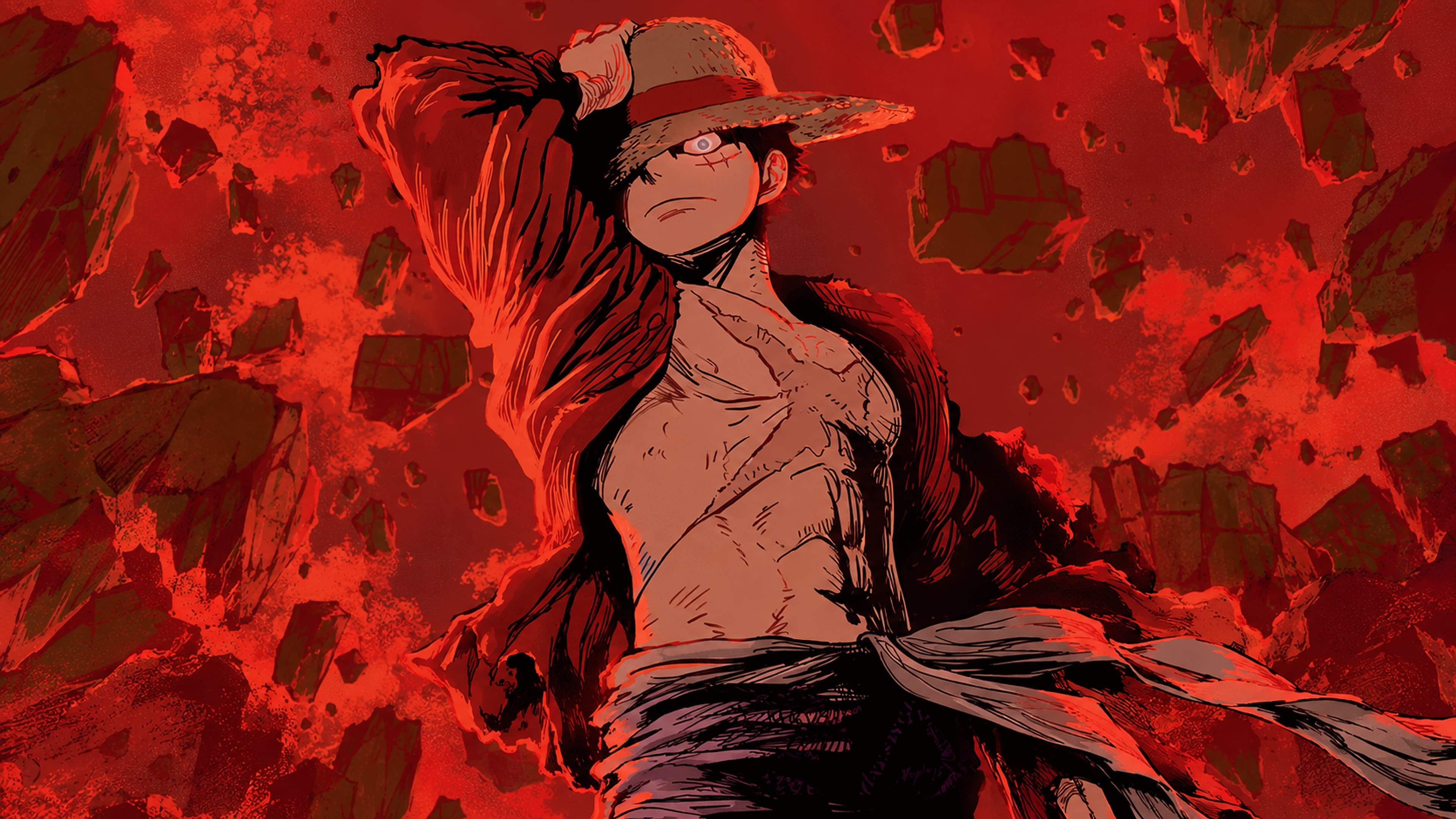Monkey D. Luffy desktop wallpaper: Shirtless Luffy grips his straw hat under a red sky full of flying rocks, his open red shirt and sash blowing back
