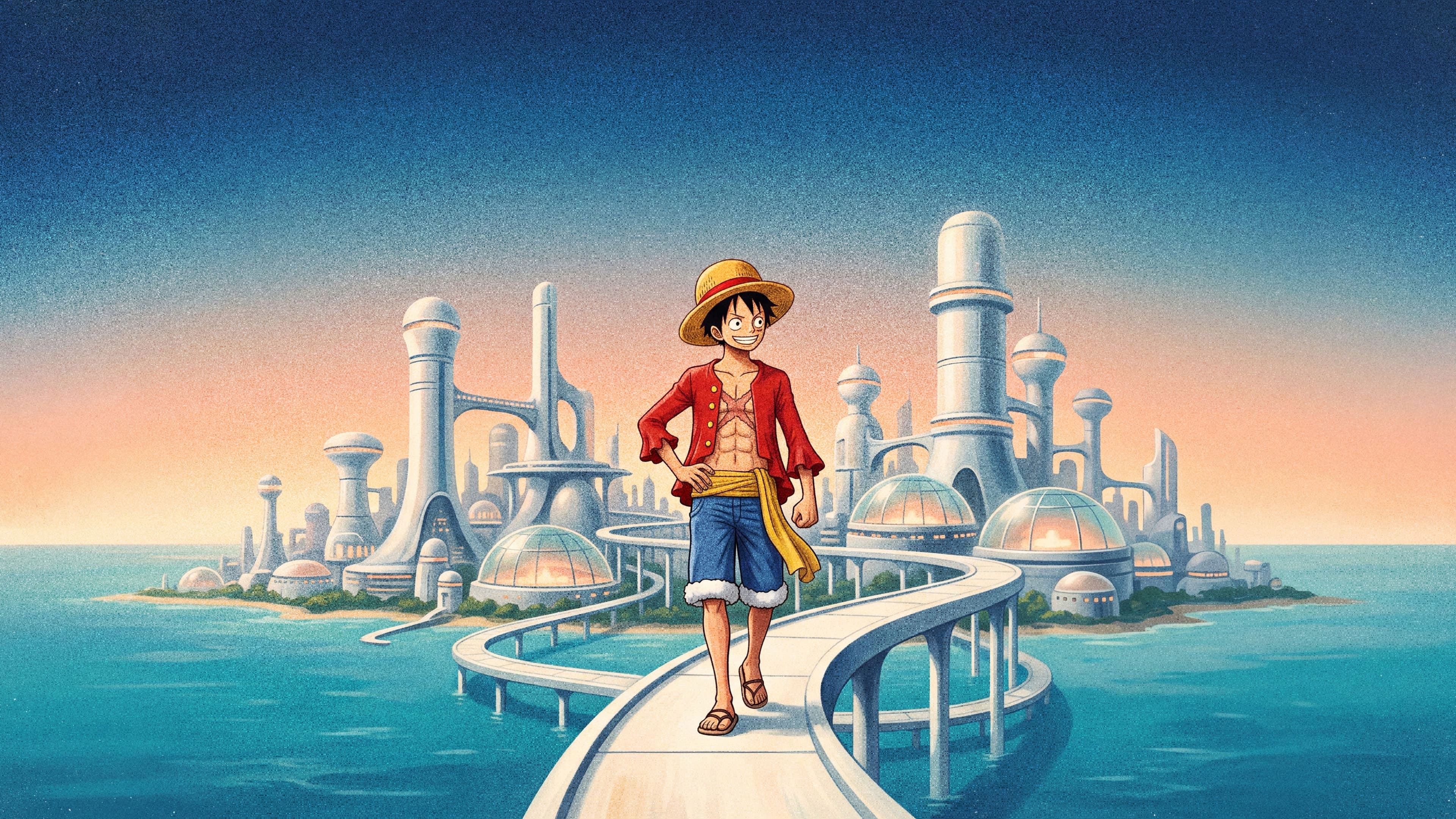 Monkey D. Luffy desktop wallpaper: Luffy walking along a curving white walkway through a futuristic island city of towers and glass domes