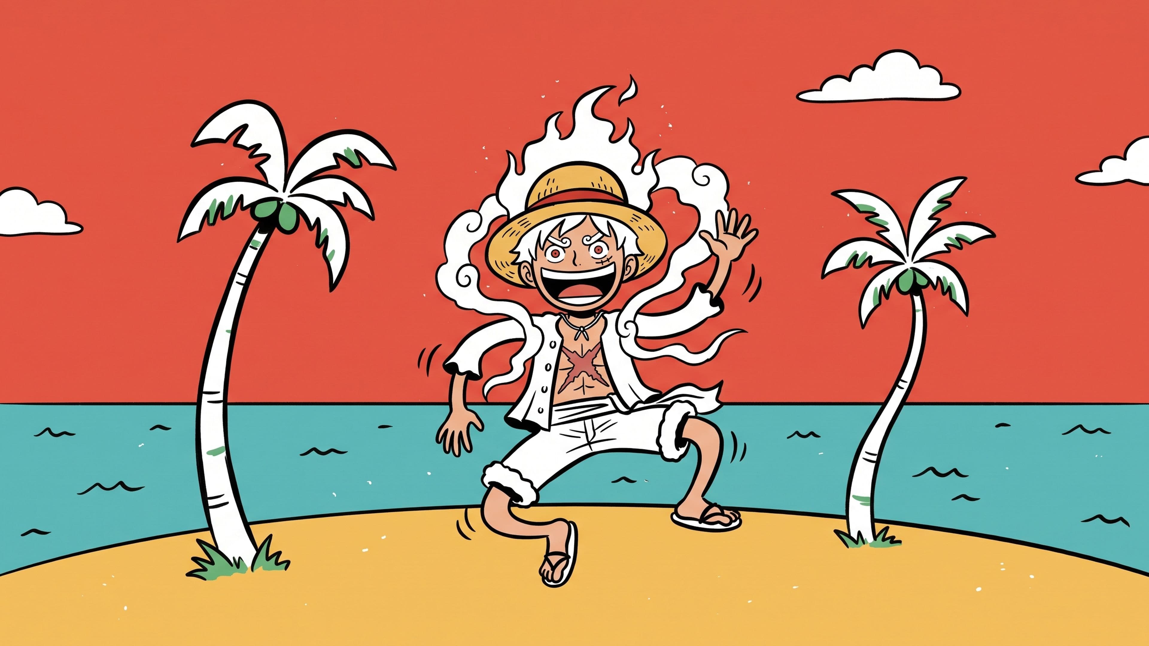 Monkey D. Luffy desktop wallpaper: Gear 5 Luffy doing a goofy dance on a sunny island beach between two palm trees