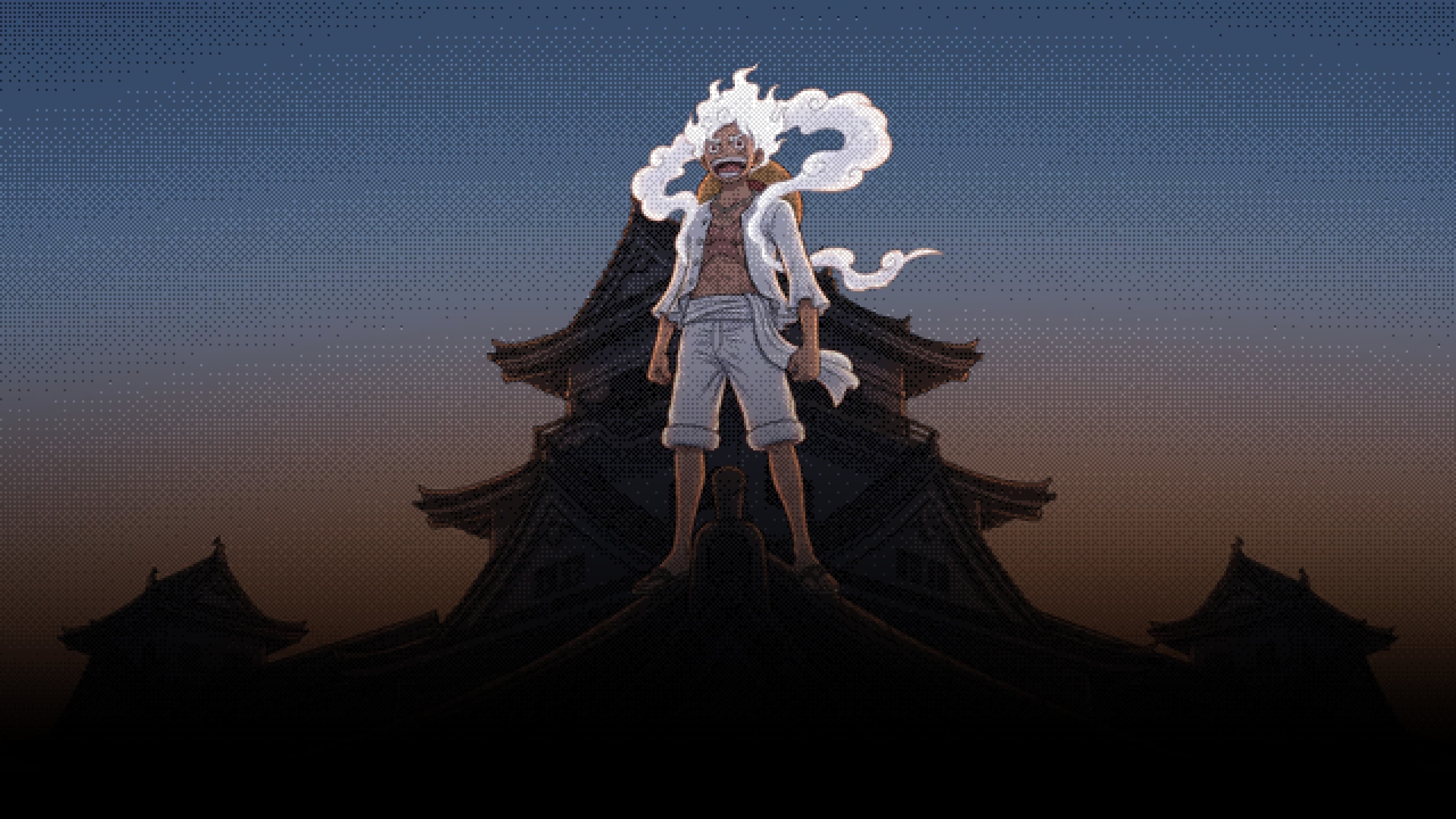 Monkey D. Luffy desktop wallpaper: Gear 5 Luffy standing on the top roof of a Japanese castle at blue dusk, his white hair rim-lit in orange