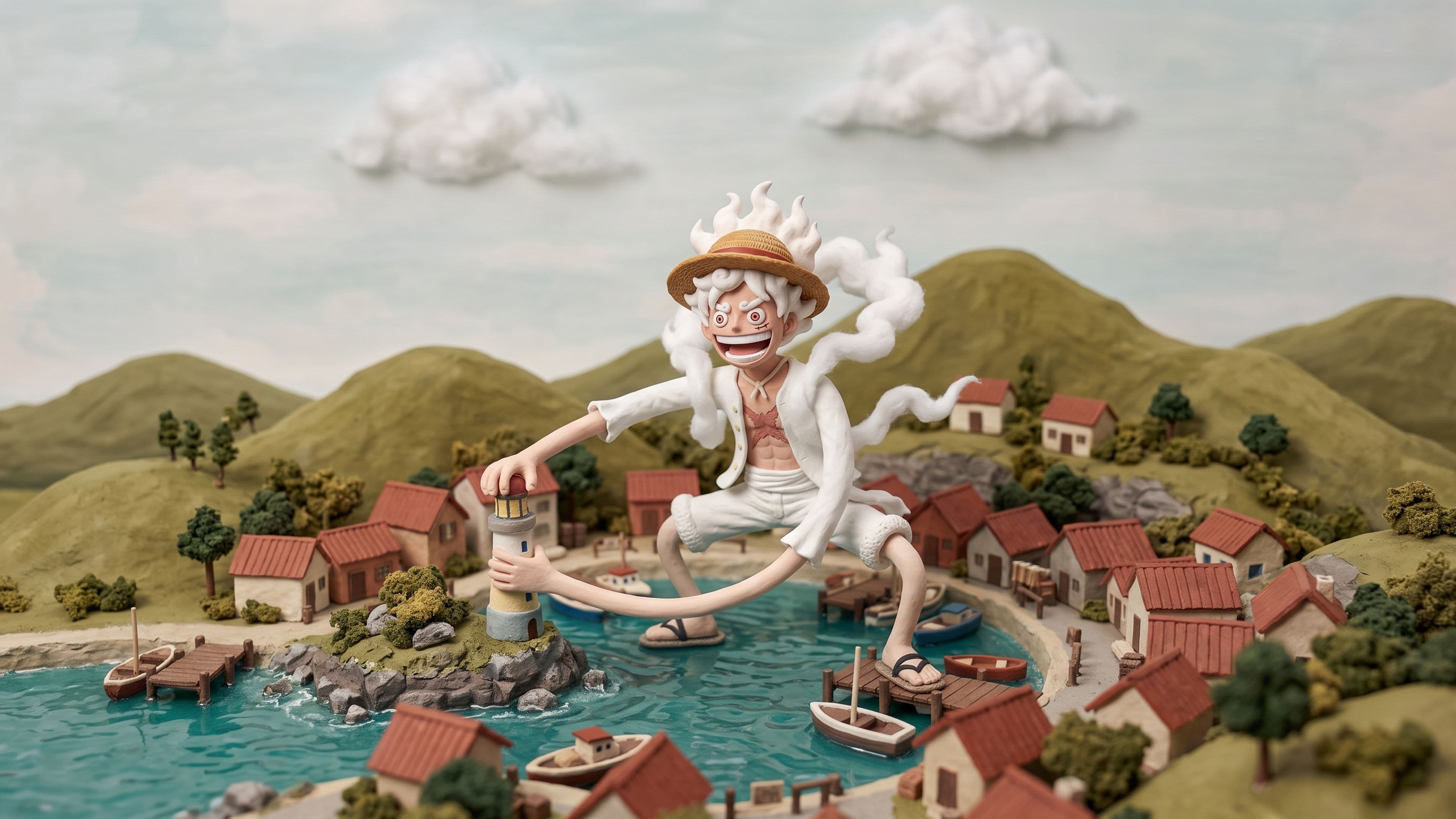 Monkey D. Luffy desktop wallpaper: A clay Gear 5 Luffy stretching like taffy across a tiny handmade island harbor, gripping a little lighthouse