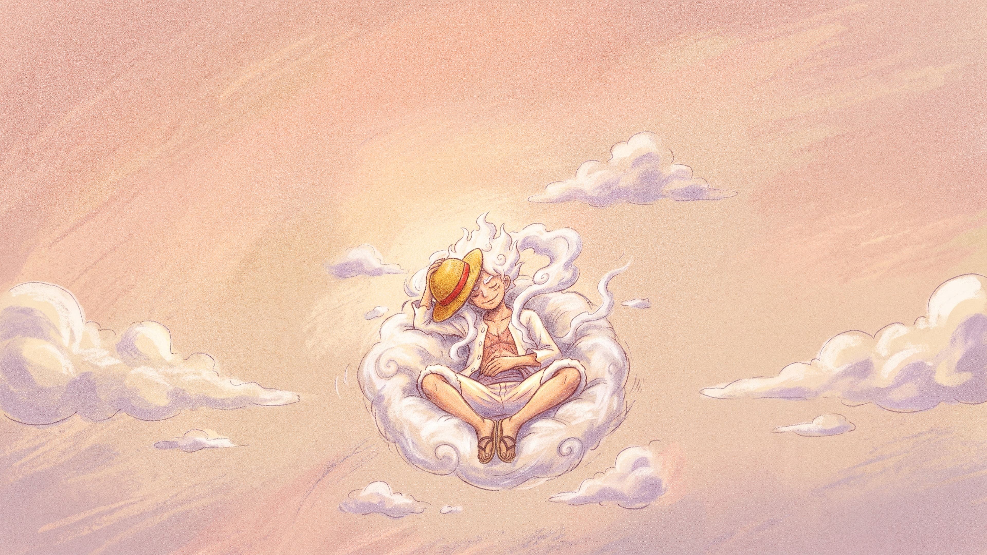Monkey D. Luffy desktop wallpaper: Gear 5 Luffy asleep and smiling in a soft nest of his own cloud trails in a peach sunrise sky