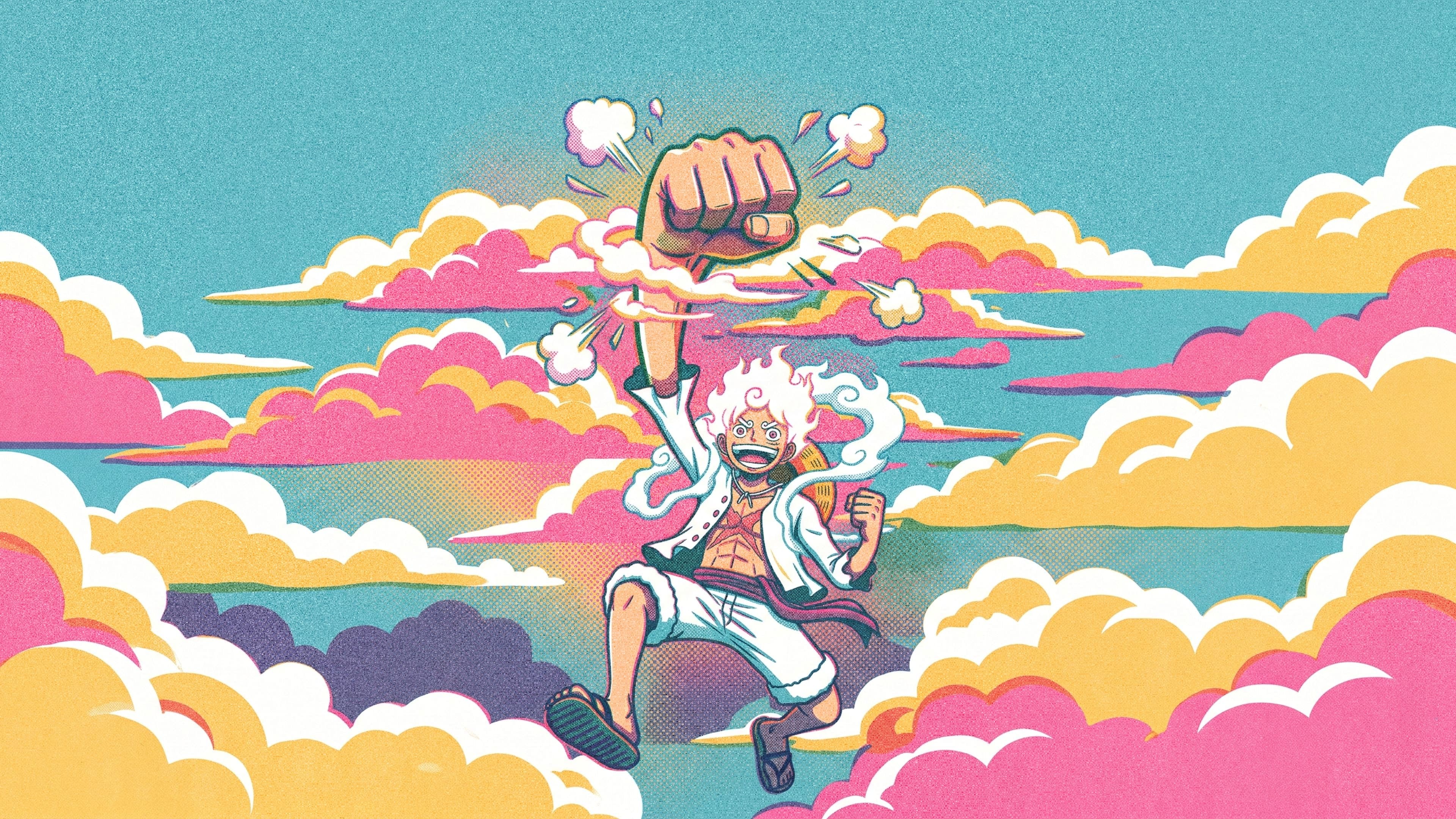 Monkey D. Luffy desktop wallpaper: Gear 5 Luffy throwing a giant stretched rubber punch up through a bank of pink and yellow clouds