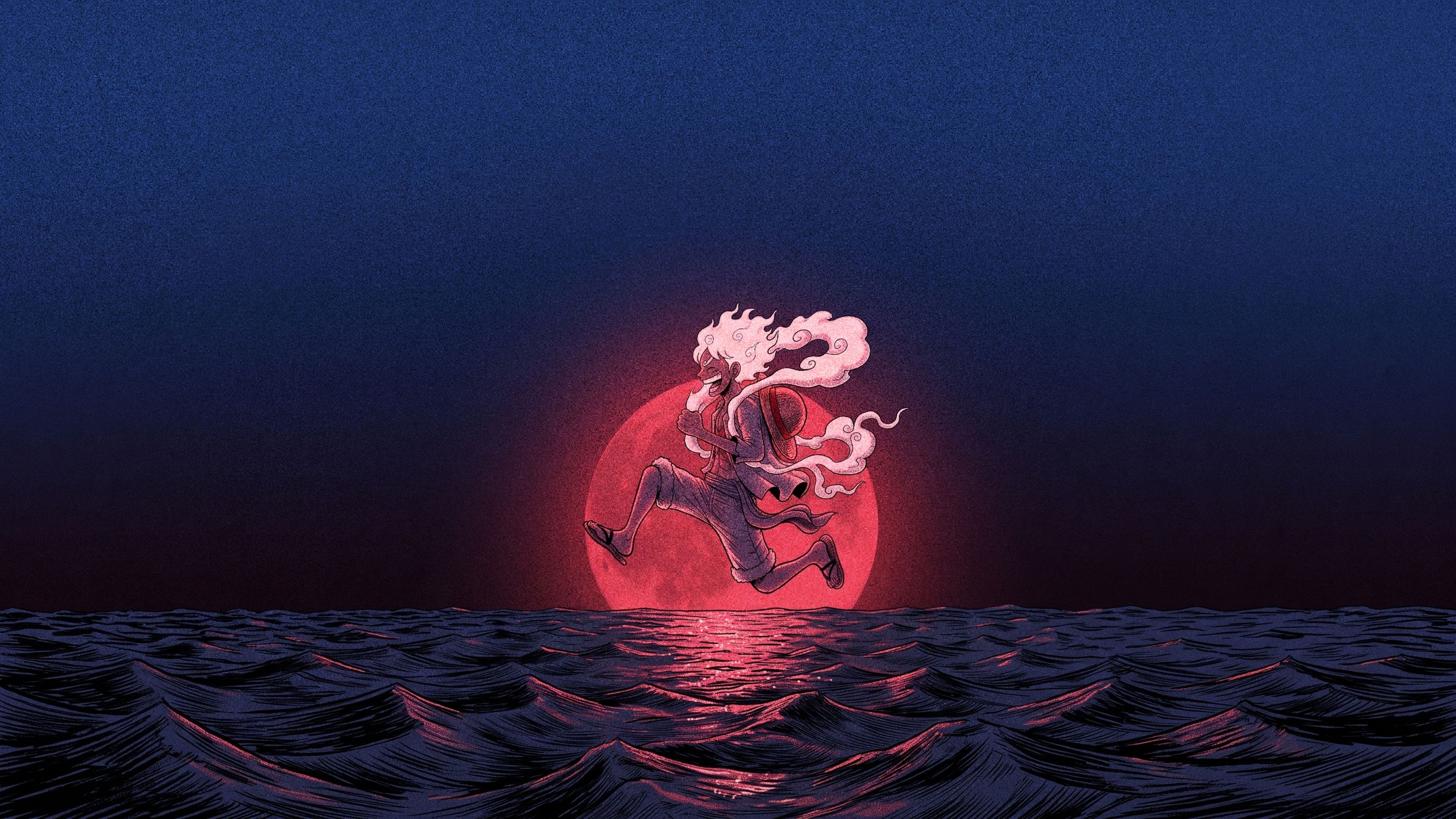 Monkey D. Luffy desktop wallpaper: Gear 5 Luffy leaping over a dark sea toward a huge crimson full moon, seen from behind