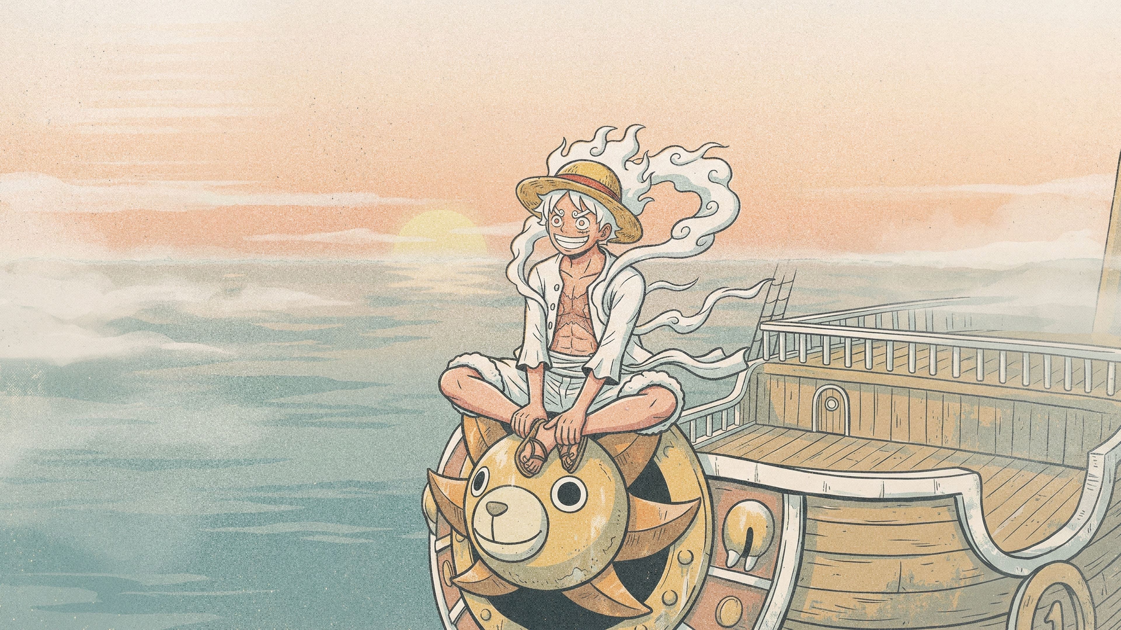 Monkey D. Luffy desktop wallpaper: Gear 5 Luffy sitting cross-legged on the lion-head figurehead of a wooden ship over a calm misty sea at dawn
