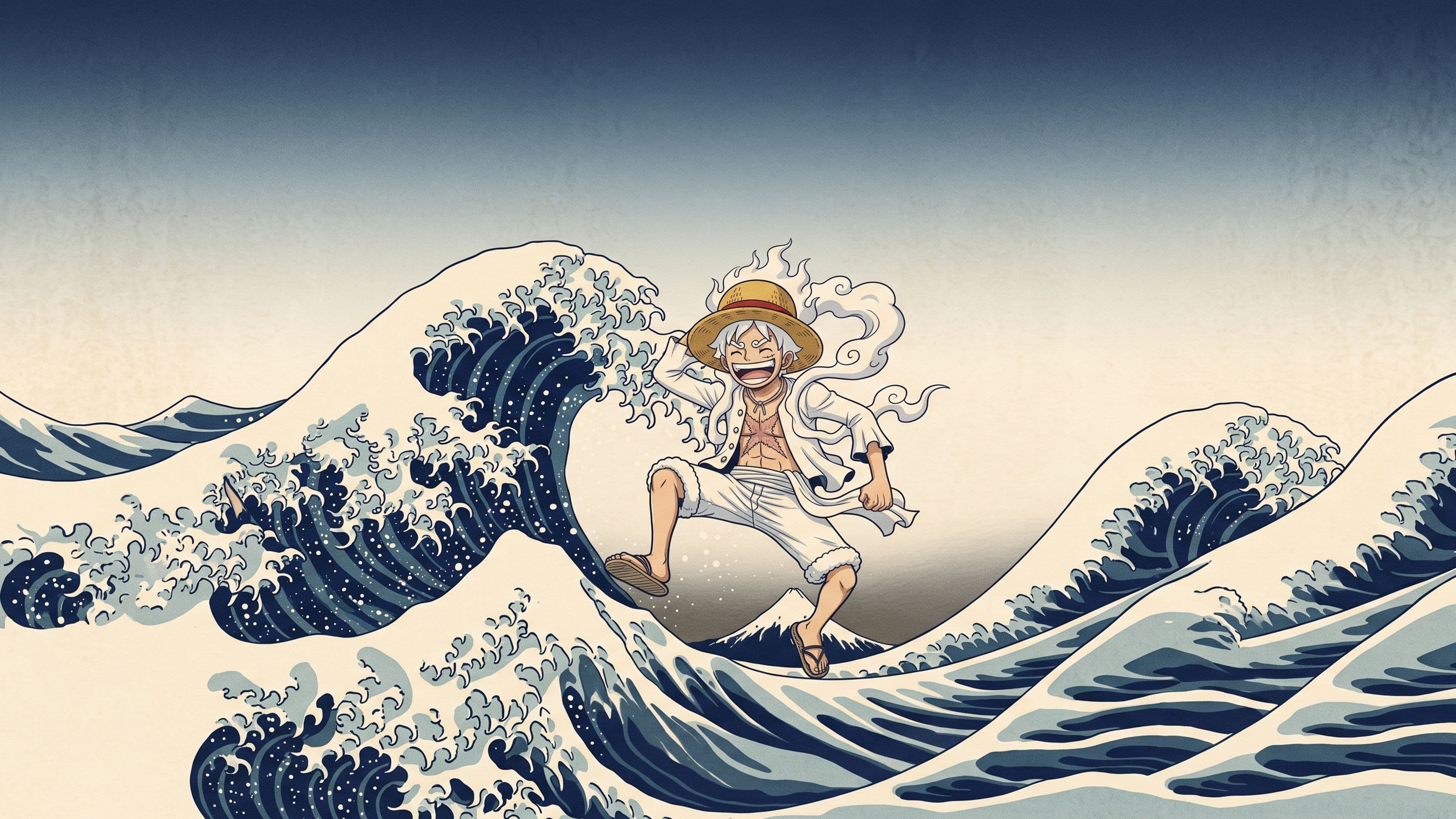 Monkey D. Luffy desktop wallpaper: Gear 5 Luffy bouncing on the crest of a great curling wave with a small snowy mountain far away