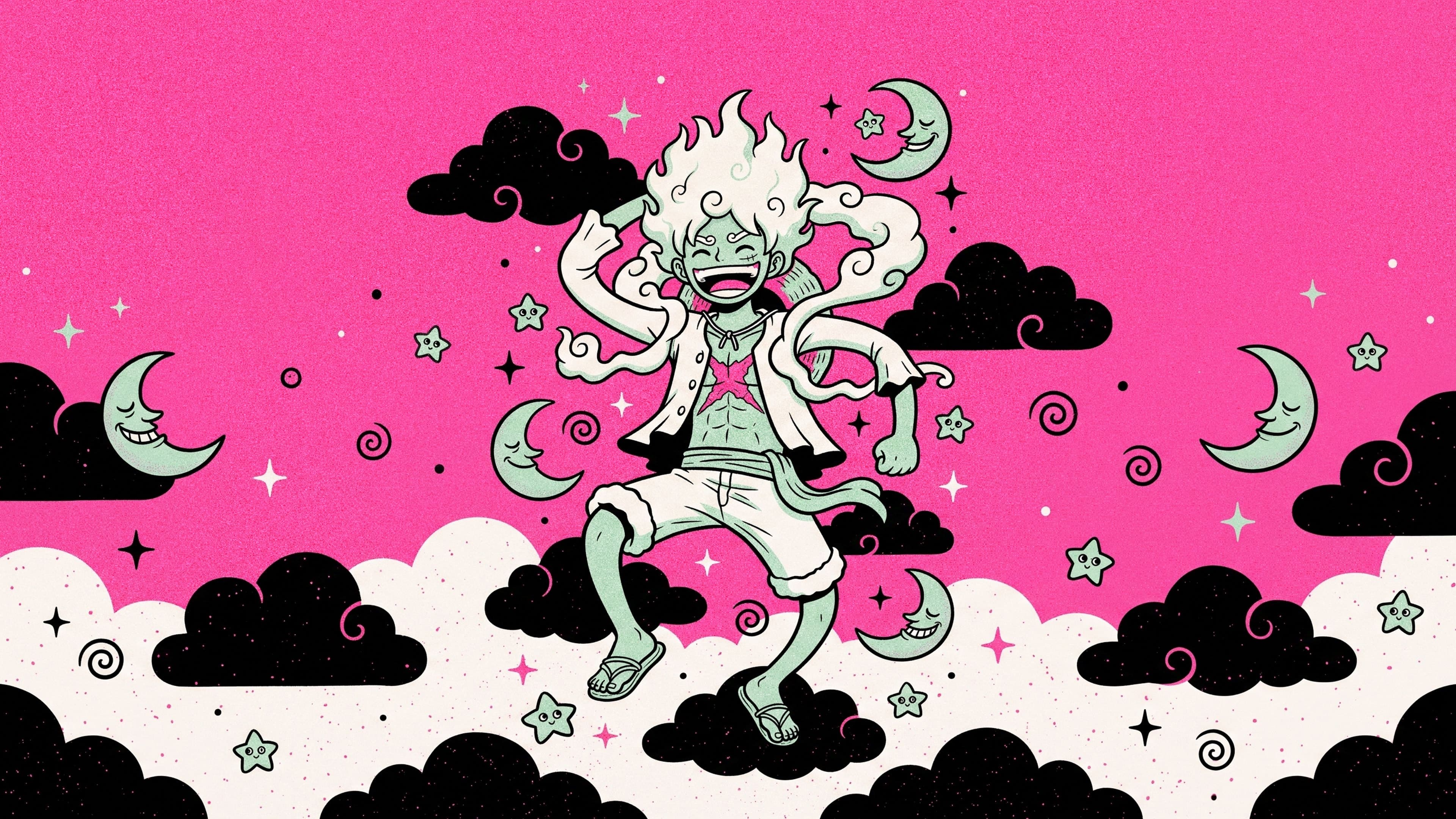 Monkey D. Luffy desktop wallpaper: Gear 5 Luffy dancing on round black clouds among grinning crescent moons and little stars with faces