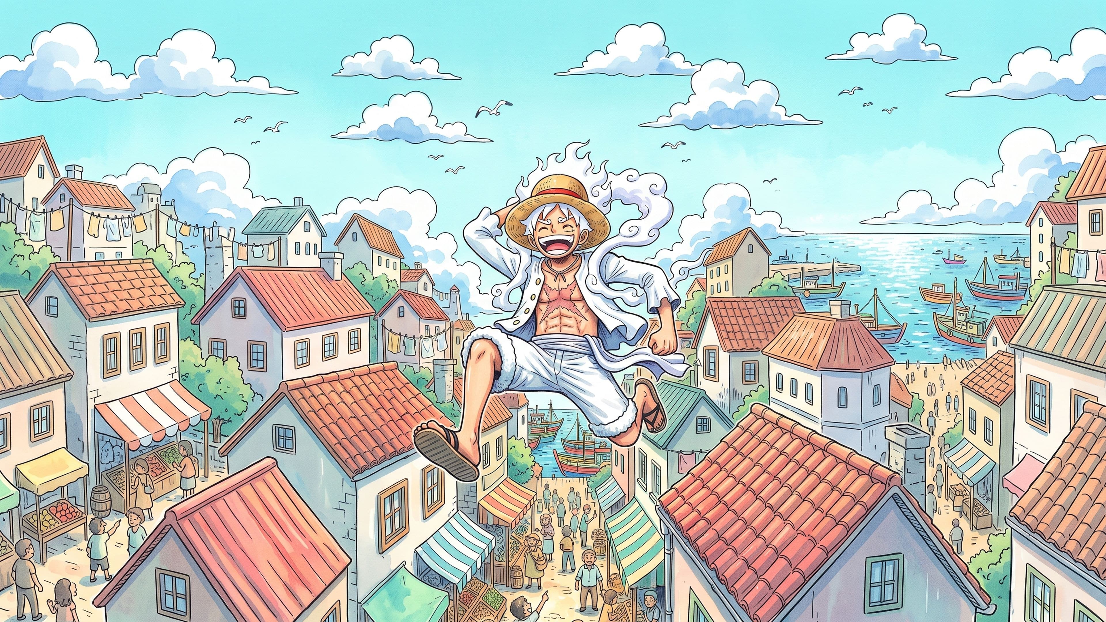 Monkey D. Luffy desktop wallpaper: Gear 5 Luffy bouncing over the roofs of a busy harbor town while townspeople in the market street look up and point