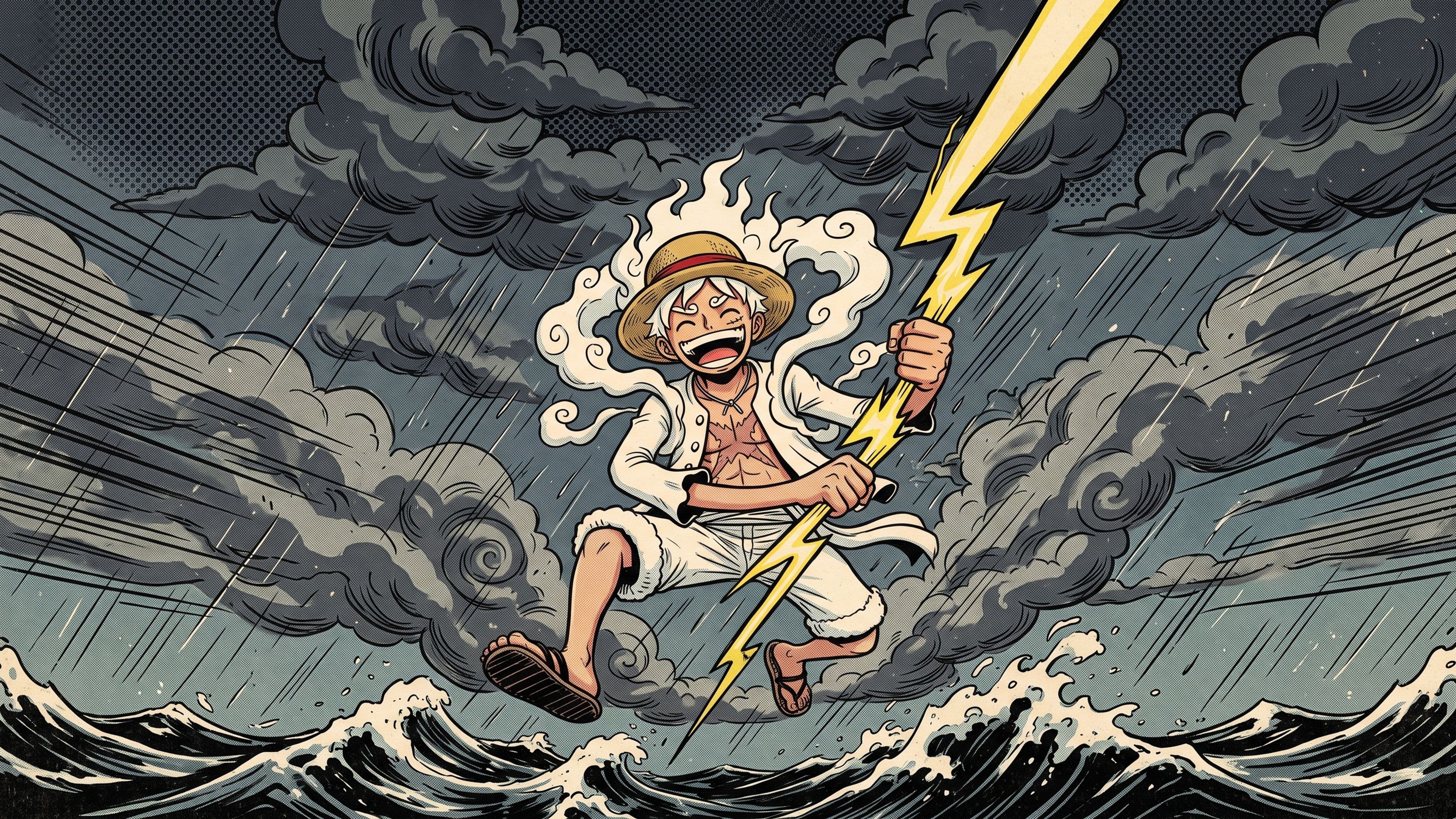 Monkey D. Luffy desktop wallpaper: Gear 5 Luffy grabbing a bolt of lightning and swinging it like a rope across a stormy night sky