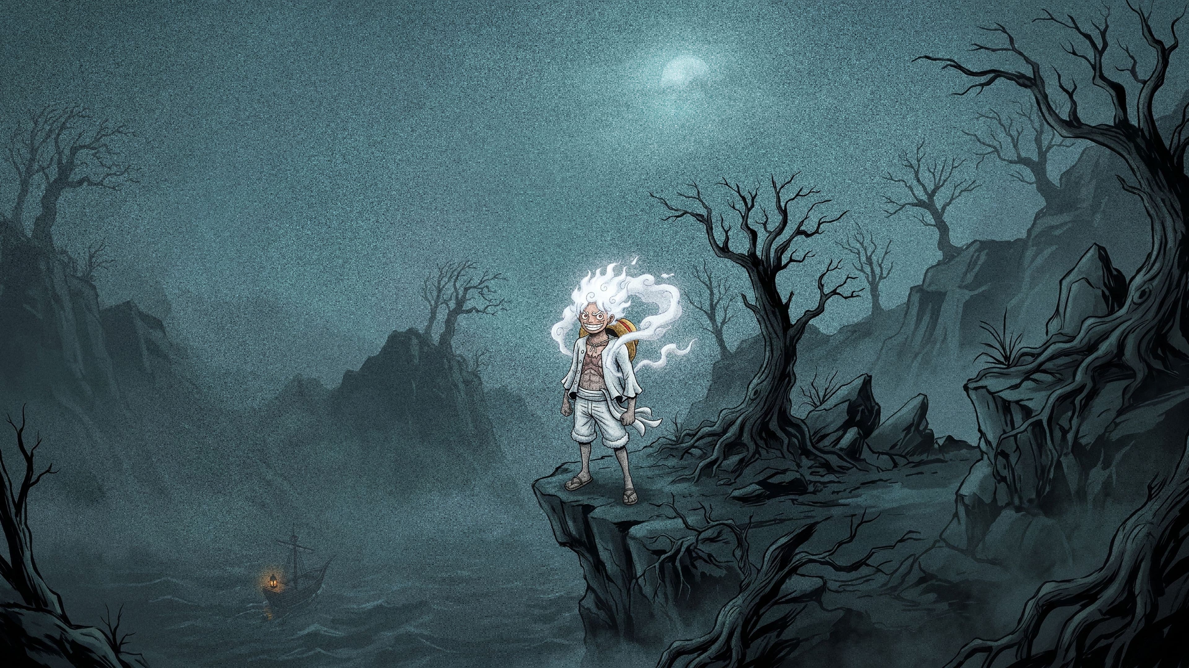 Monkey D. Luffy desktop wallpaper: Gear 5 Luffy standing on the edge of a misty sea cliff at night with twisted bare trees and one ship lantern far below