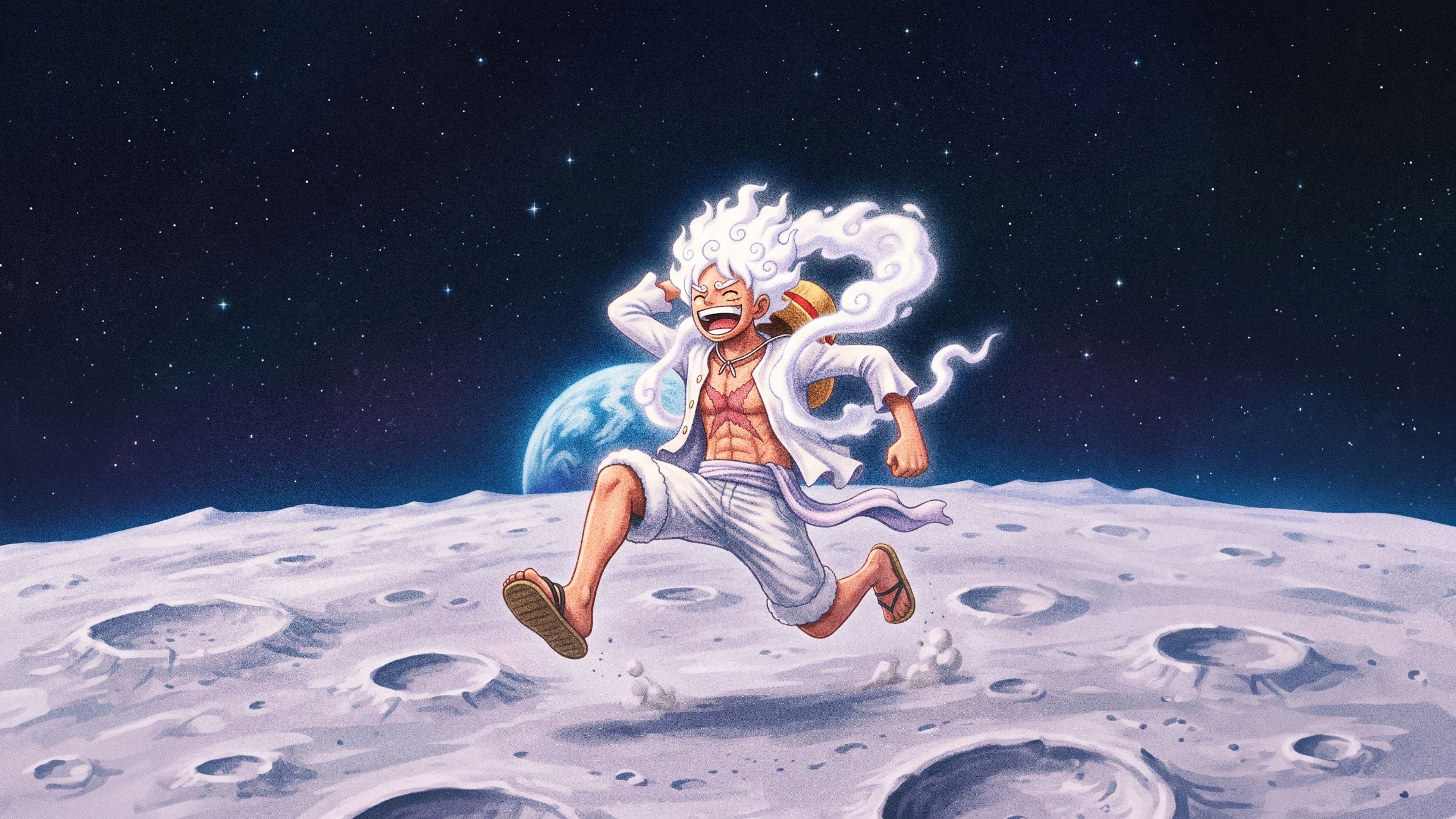 Monkey D. Luffy desktop wallpaper: Gear 5 Luffy in a huge low-gravity leap across the cratered surface of the moon with a blue planet rising behind him