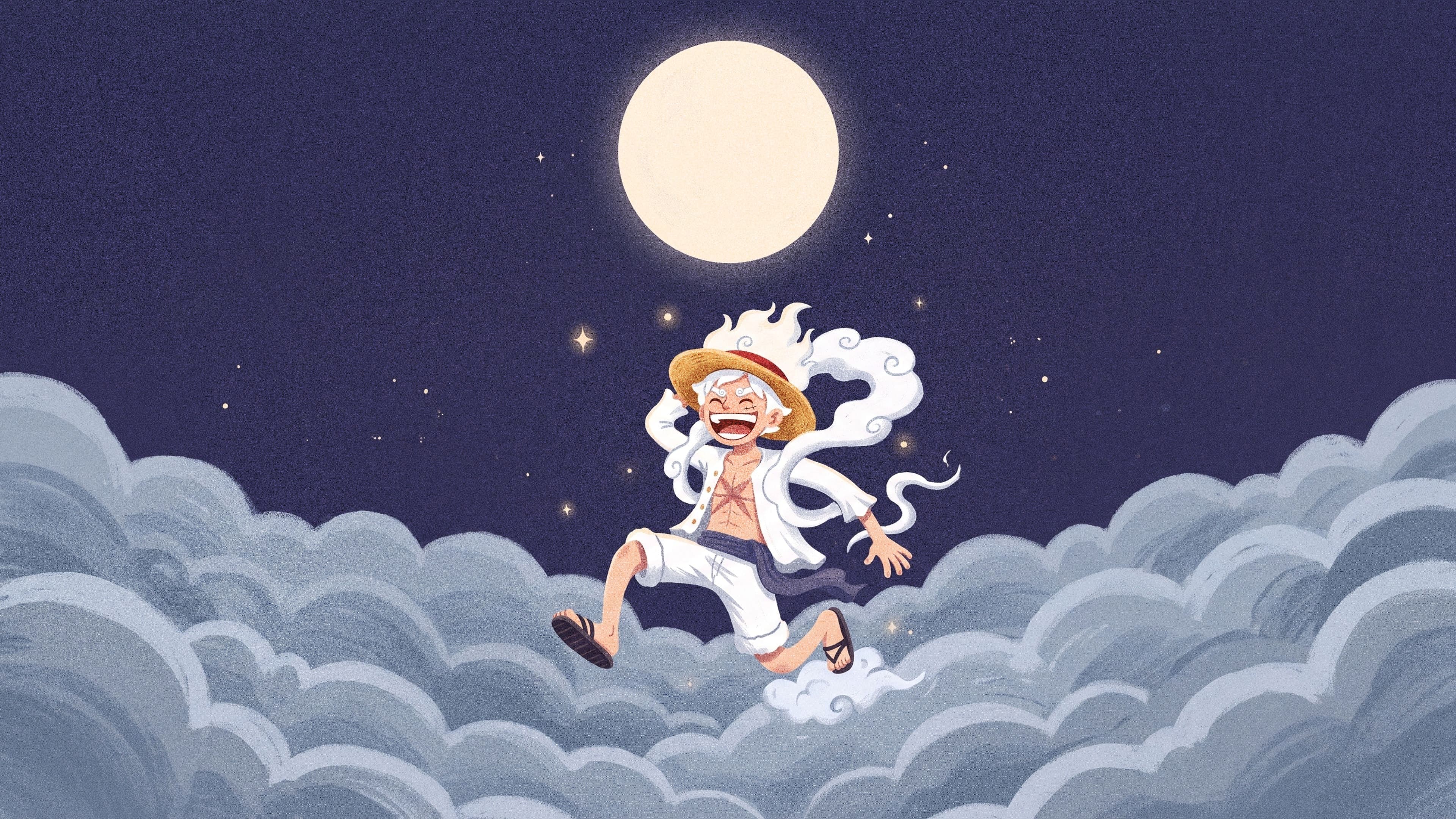Monkey D. Luffy desktop wallpaper: Gear 5 Luffy laughing as he bounces across a rolling sea of night clouds under a huge full moon