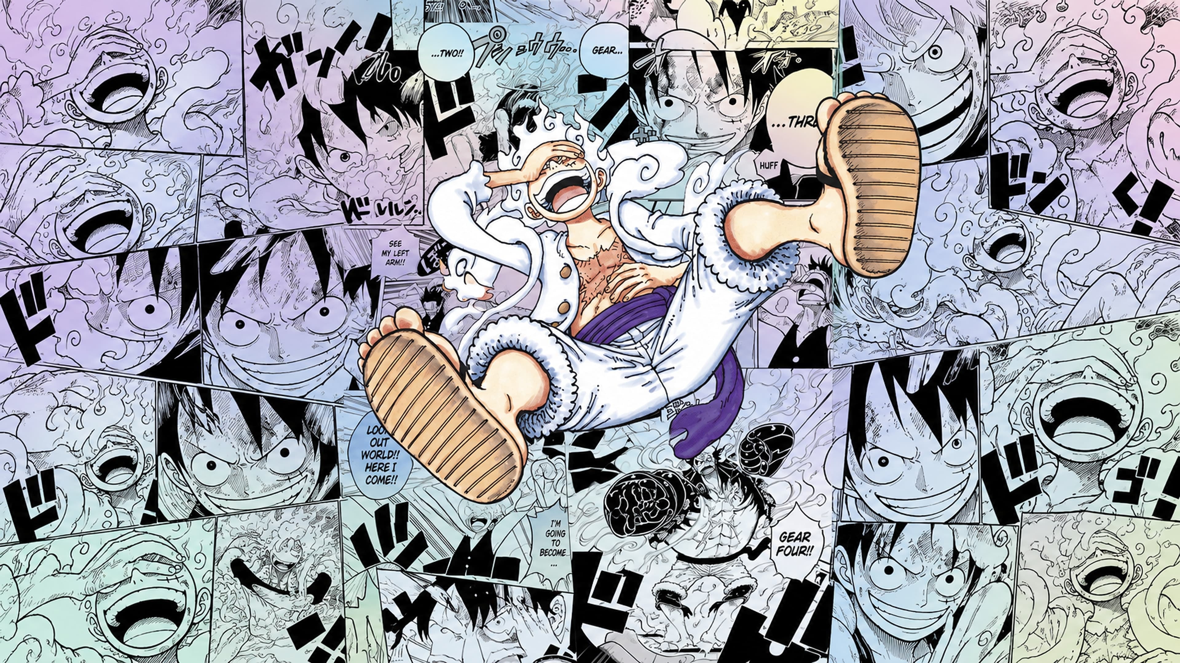 Monkey D. Luffy desktop wallpaper: Gear 5 Luffy laughs and kicks up one sandal over a collage of black and white manga panels of his Gear transformations