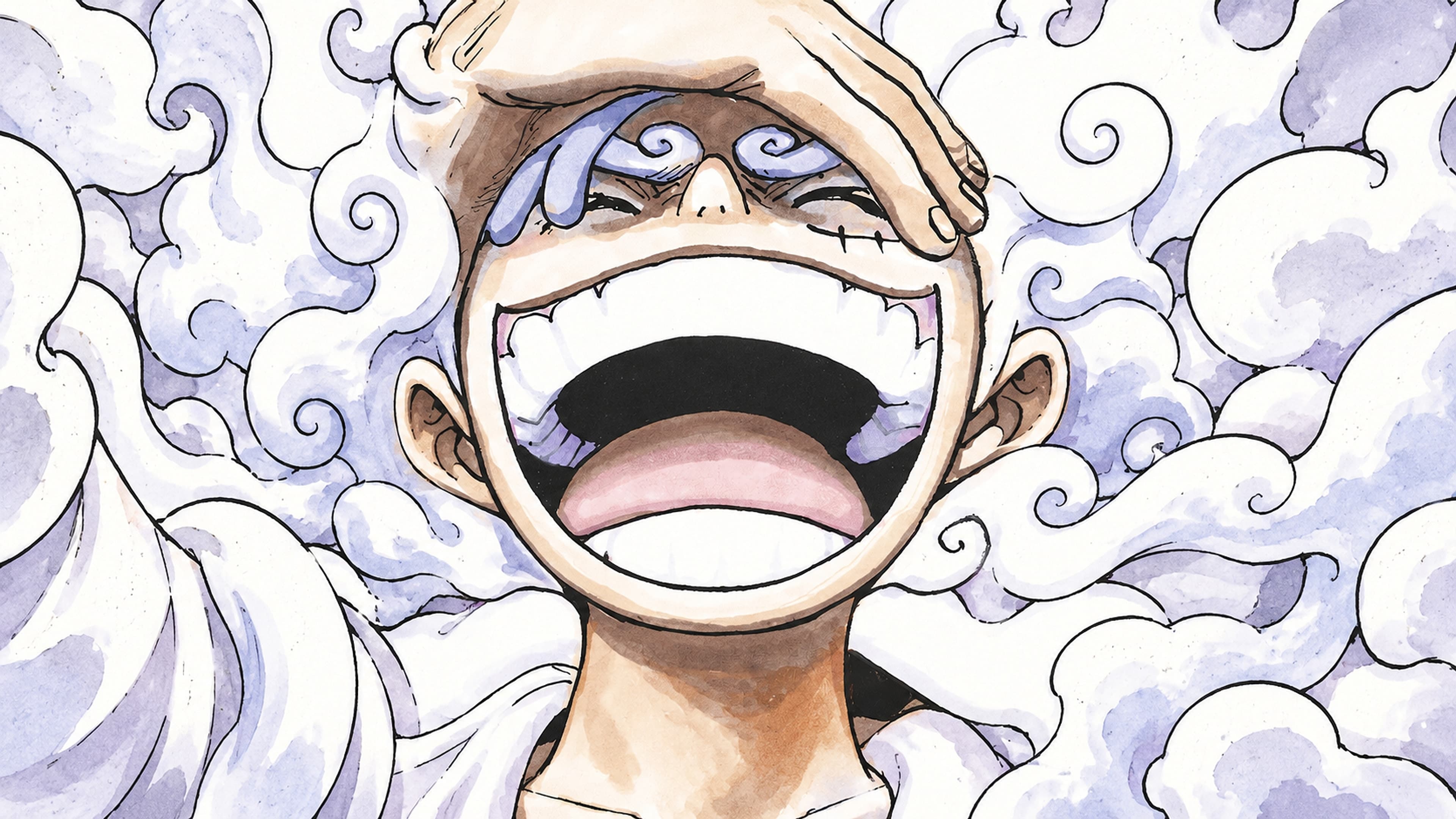 Monkey D. Luffy desktop wallpaper: Close-up of Gear 5 Luffy laughing with his hand over his eyes, framed by white cloud swirls
