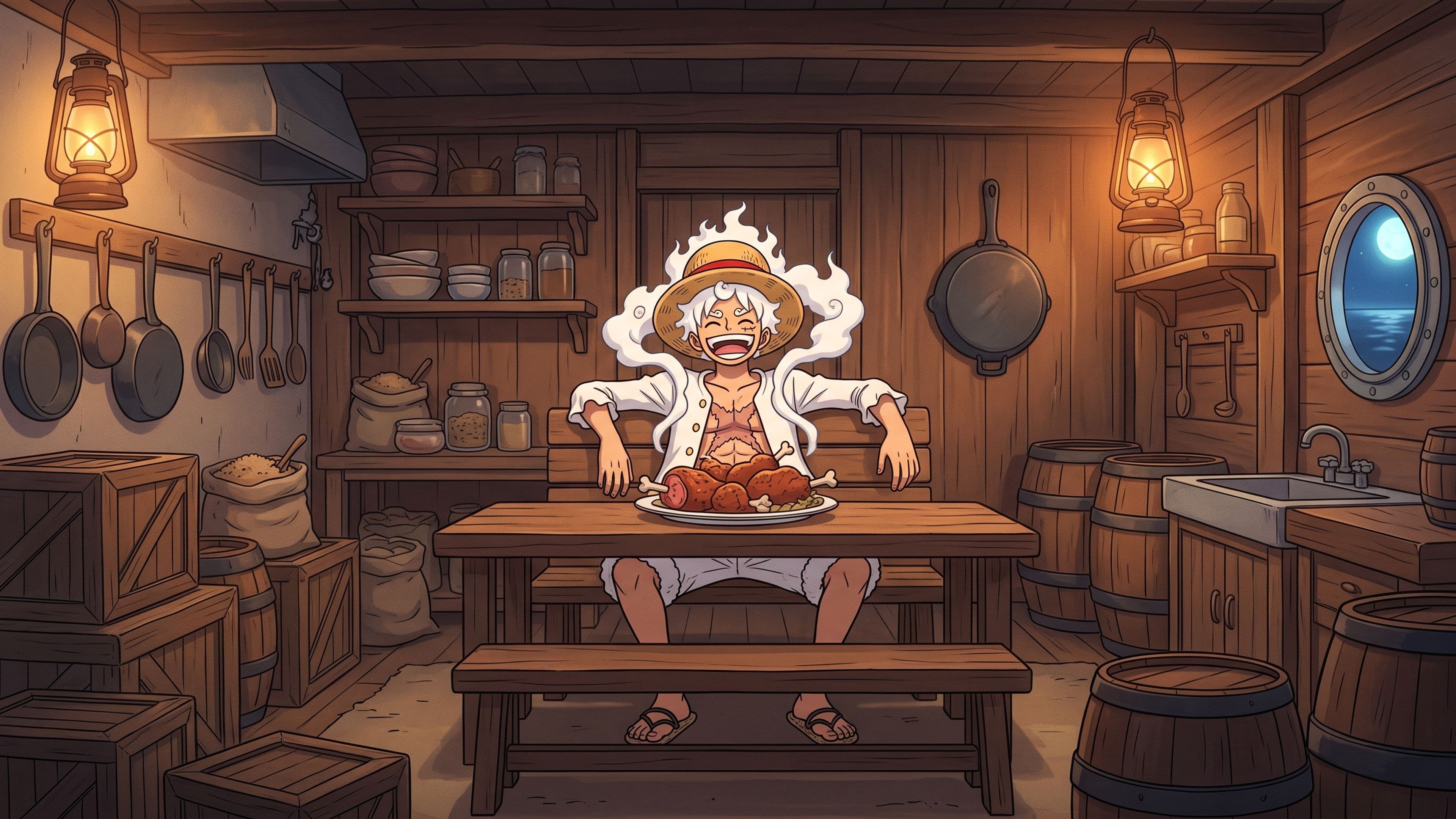 Monkey D. Luffy desktop wallpaper: Gear 5 Luffy leaning back at a table with a big plate of meat in a cozy lantern-lit ship galley at night