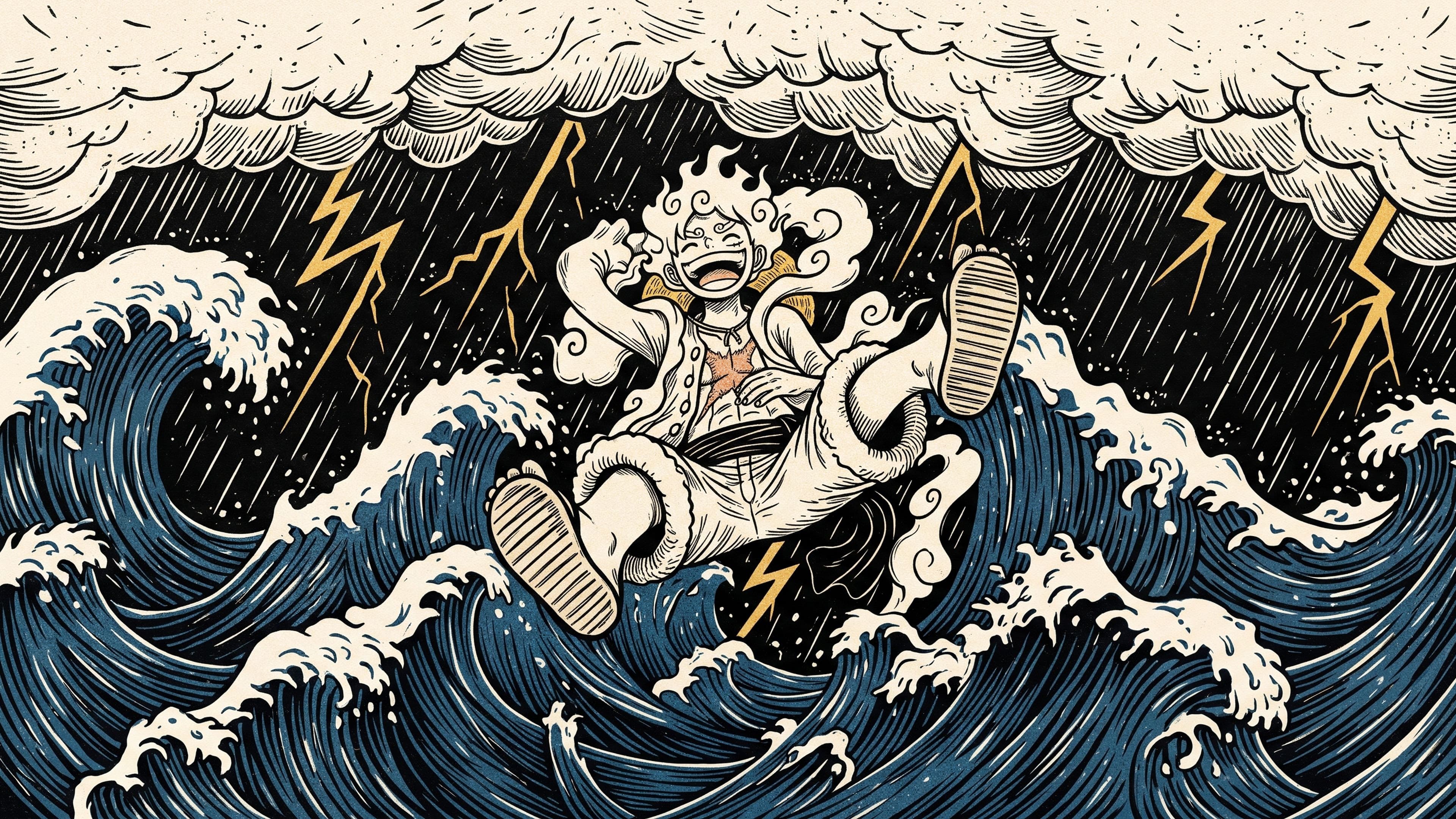 Monkey D. Luffy desktop wallpaper: Gear 5 Luffy leaping over towering storm waves with lightning striking behind him