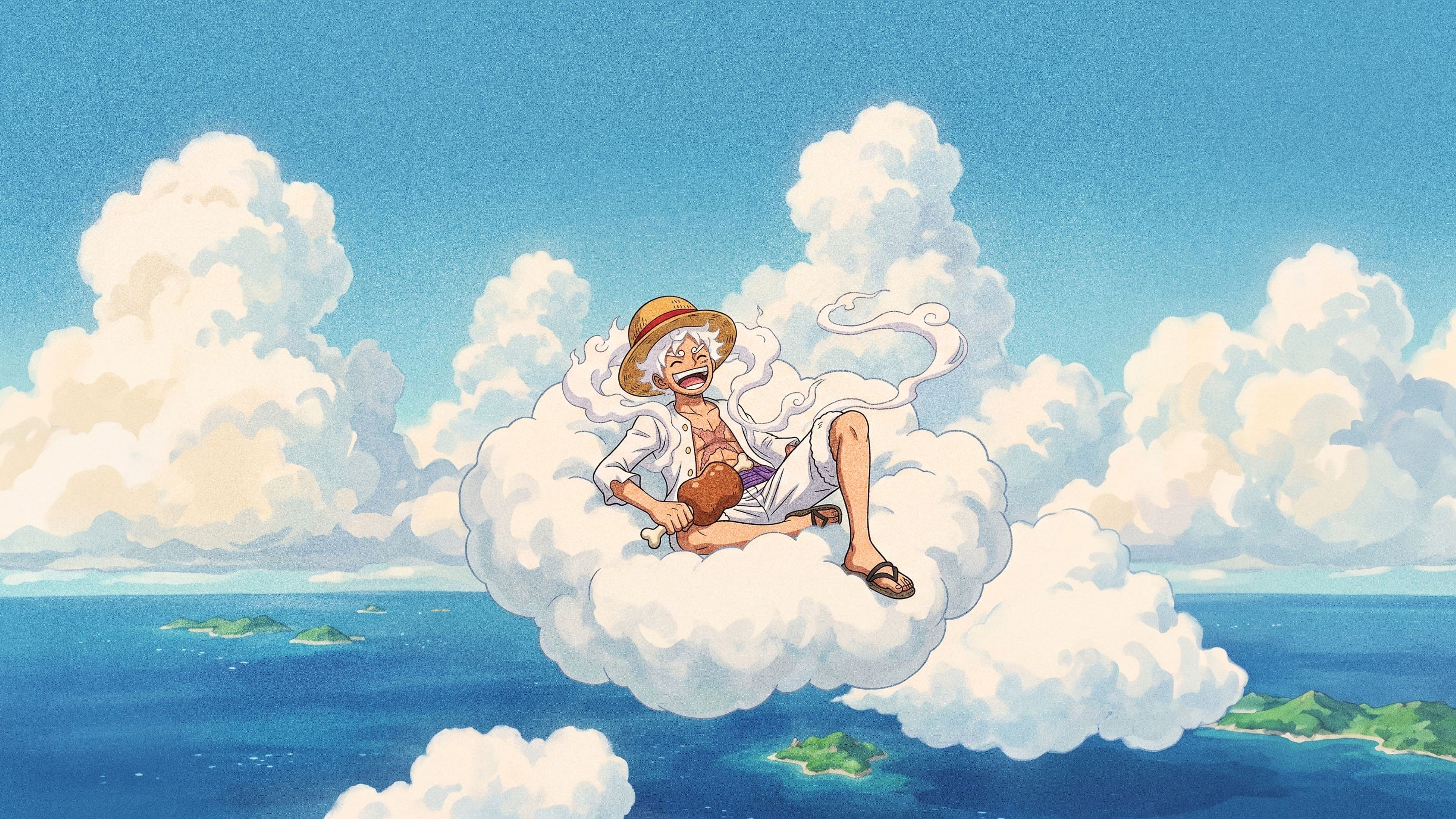Monkey D. Luffy desktop wallpaper: Gear 5 Luffy lying back on a big summer cloud holding a meat on the bone, with a green island in the blue sea far below