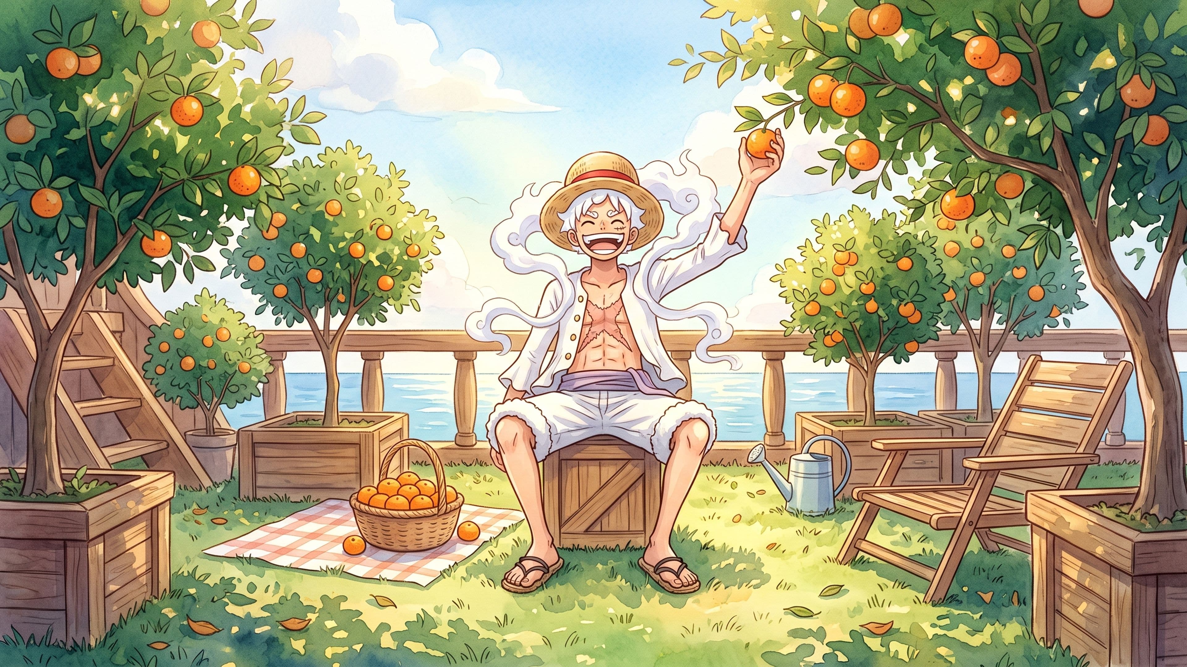Monkey D. Luffy desktop wallpaper: Gear 5 Luffy laughing and reaching for a ripe tangerine among tangerine trees on a sunny ship deck