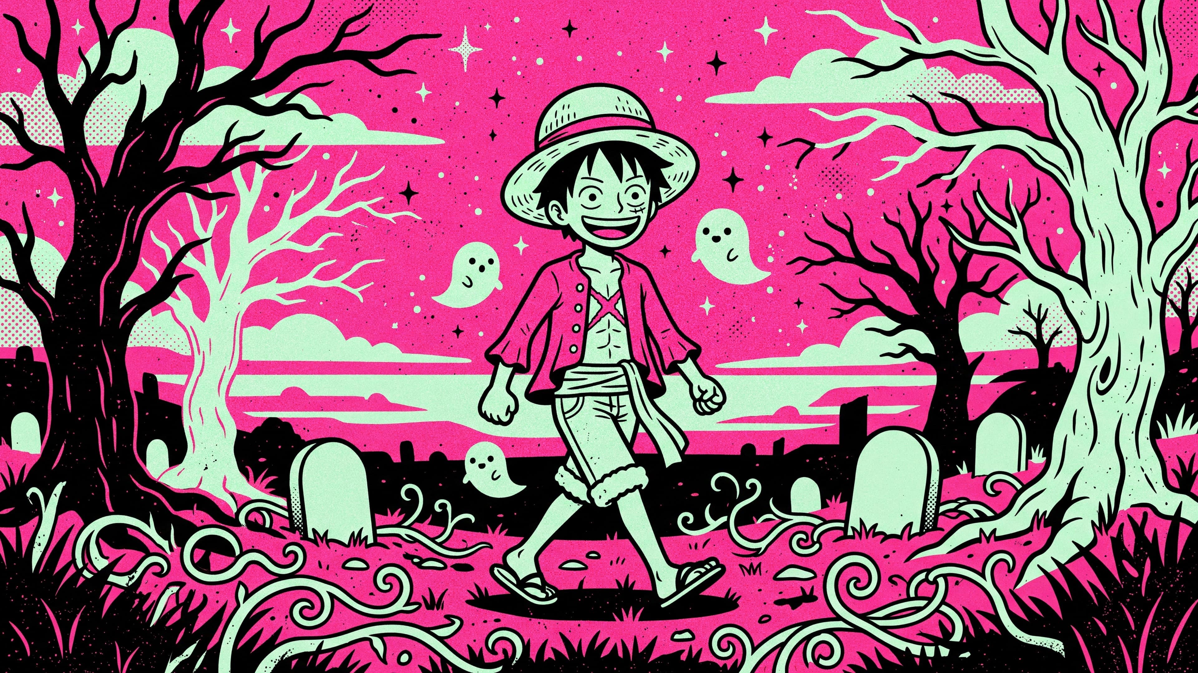 Monkey D. Luffy desktop wallpaper: Luffy walking through a spooky-cute graveyard forest at night with friendly little ghosts around him