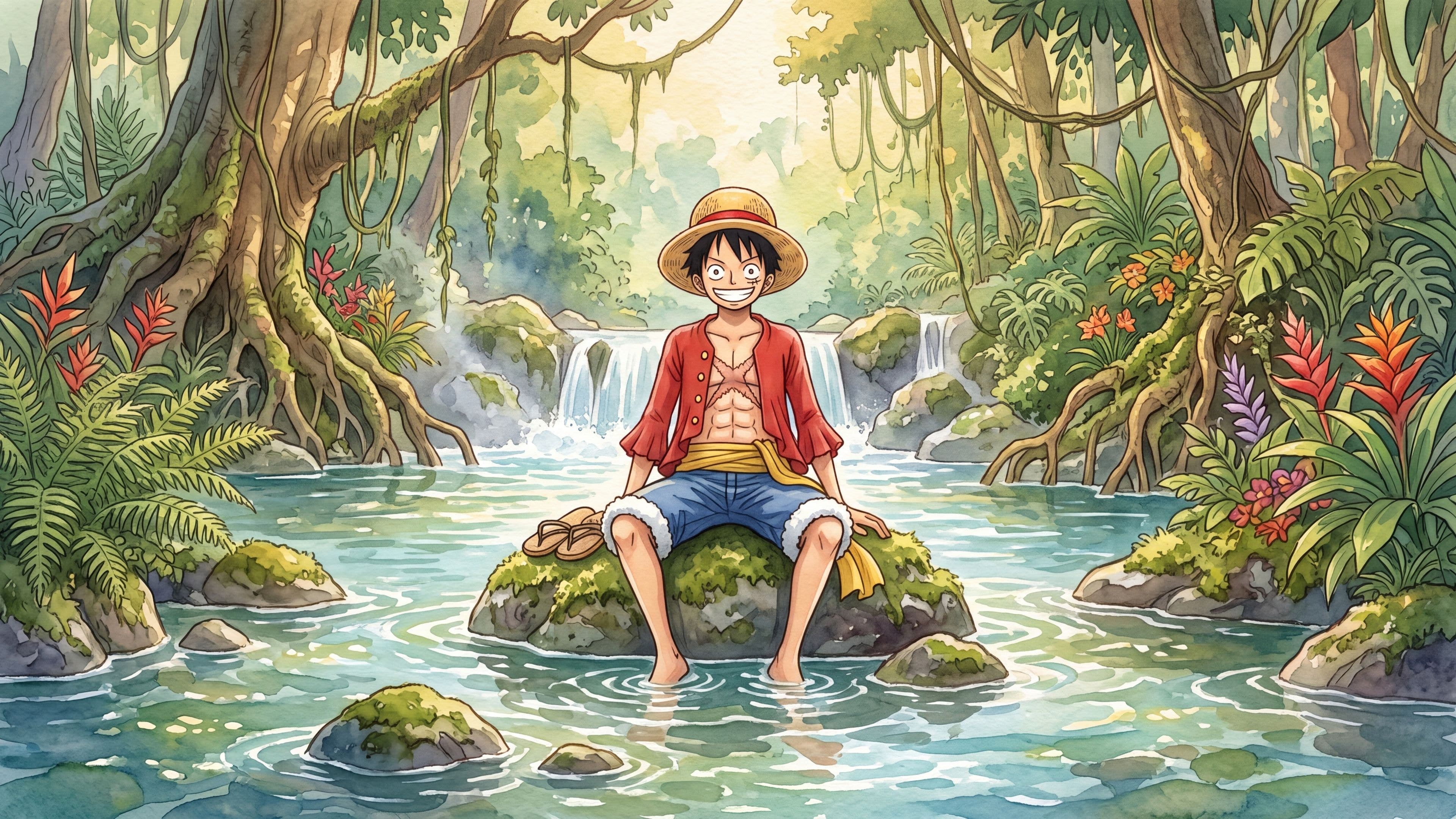 Monkey D. Luffy desktop wallpaper: Luffy sitting on a mossy rock with his feet in a clear jungle river below a small waterfall