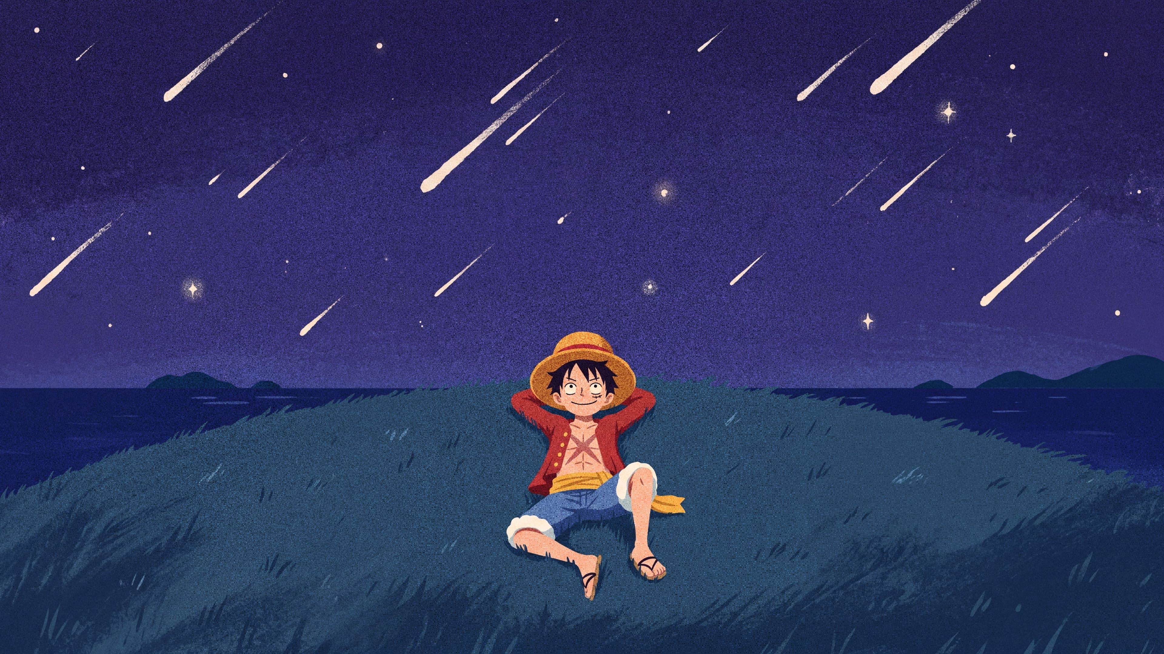Monkey D. Luffy desktop wallpaper: Luffy lying on a grassy hilltop by the sea at night, watching a meteor shower