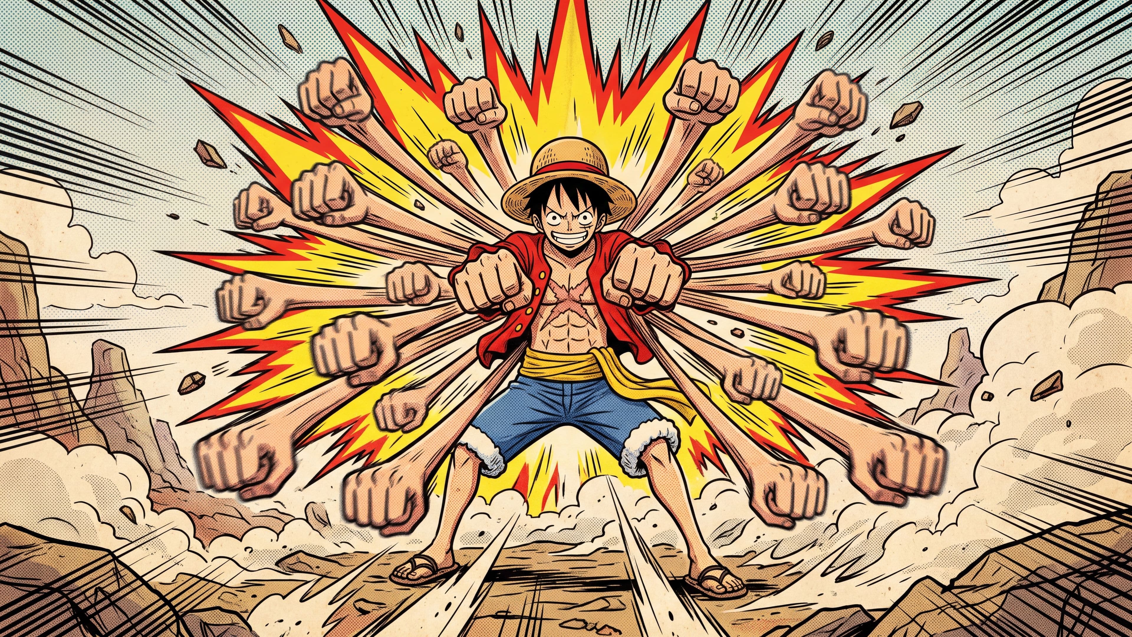 Monkey D. Luffy desktop wallpaper: Luffy throwing a blur of stretching rubber punches in front of an explosion on a rocky battlefield