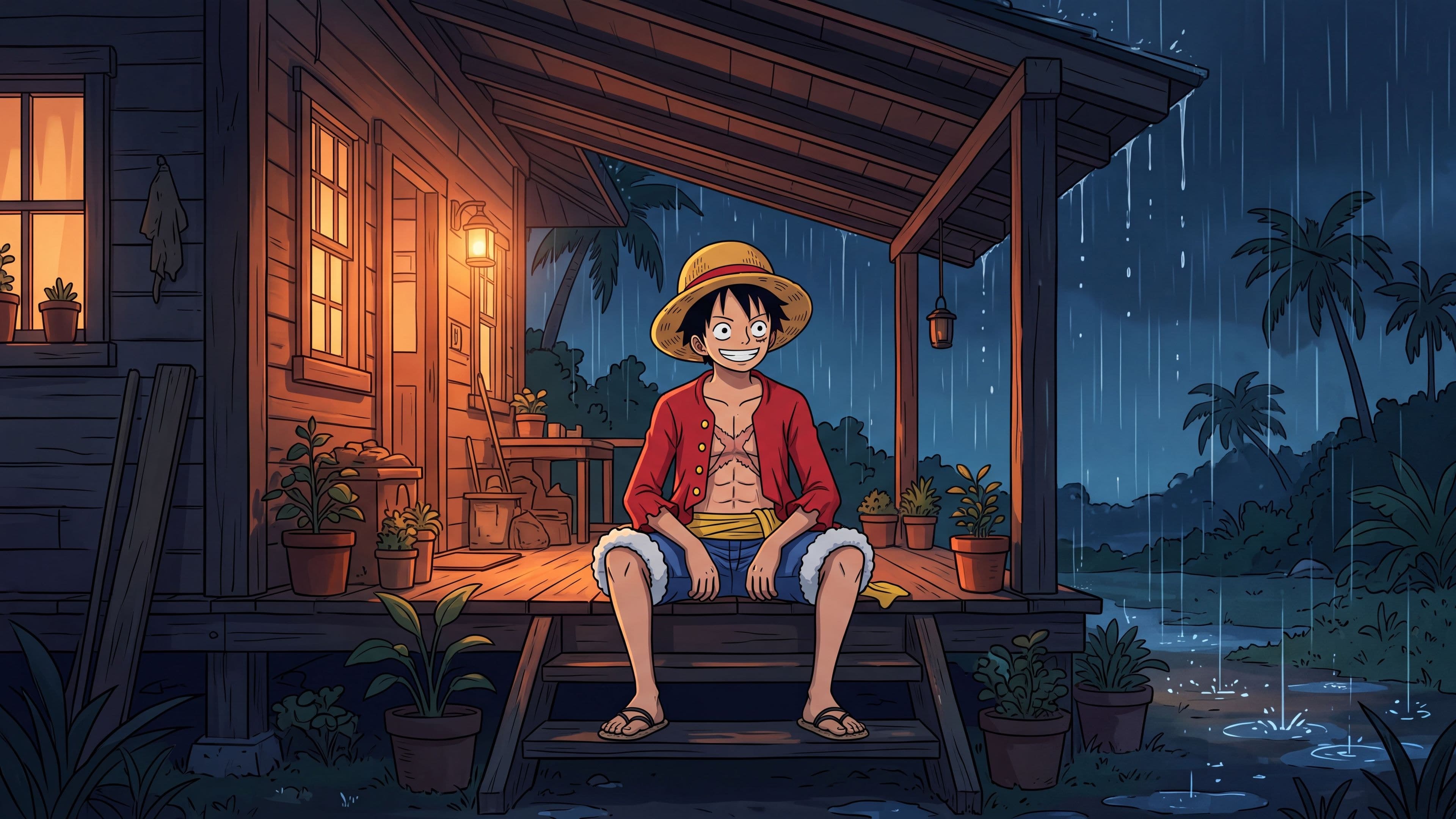 Monkey D. Luffy desktop wallpaper: Luffy sitting on the porch steps of a small island house on a rainy night, lamp light glowing behind him