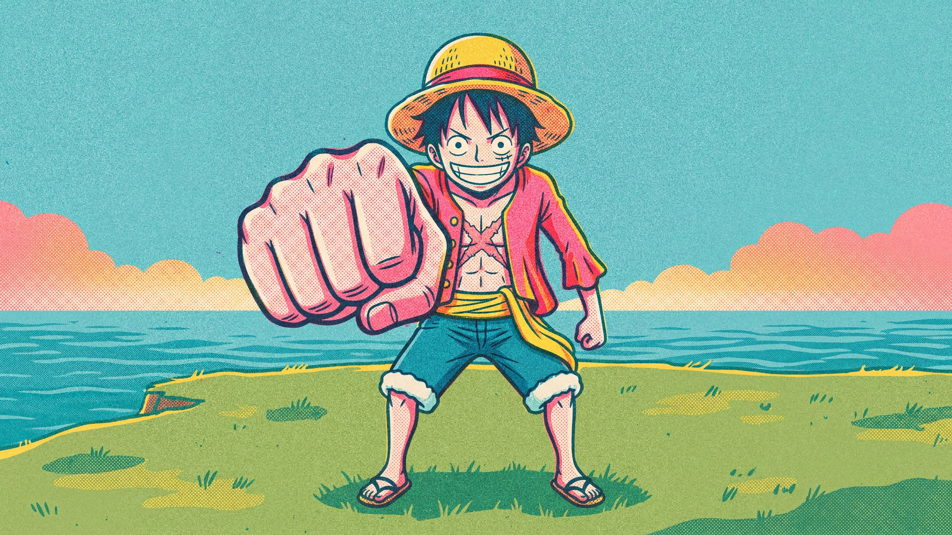 Monkey D. Luffy desktop wallpaper: Luffy throwing a long stretched rubber punch straight at the viewer from a grassy cliff top
