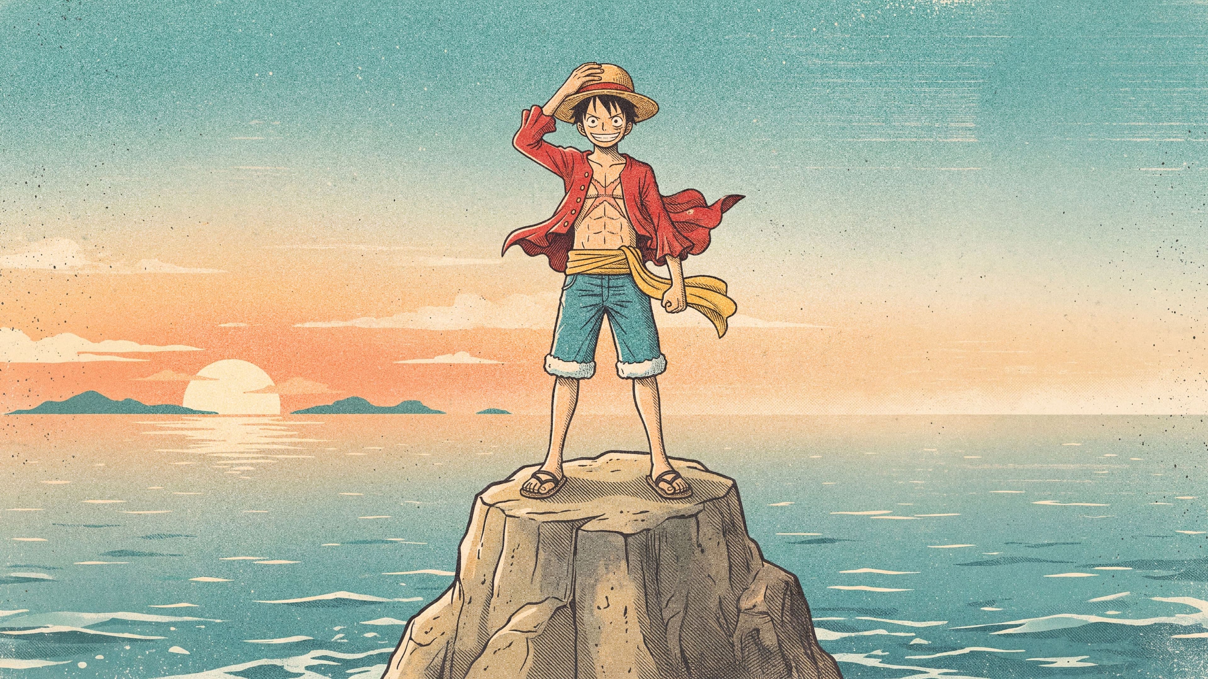 Monkey D. Luffy desktop wallpaper: Luffy standing on a tall sea rock at sunset, holding his straw hat on in the wind