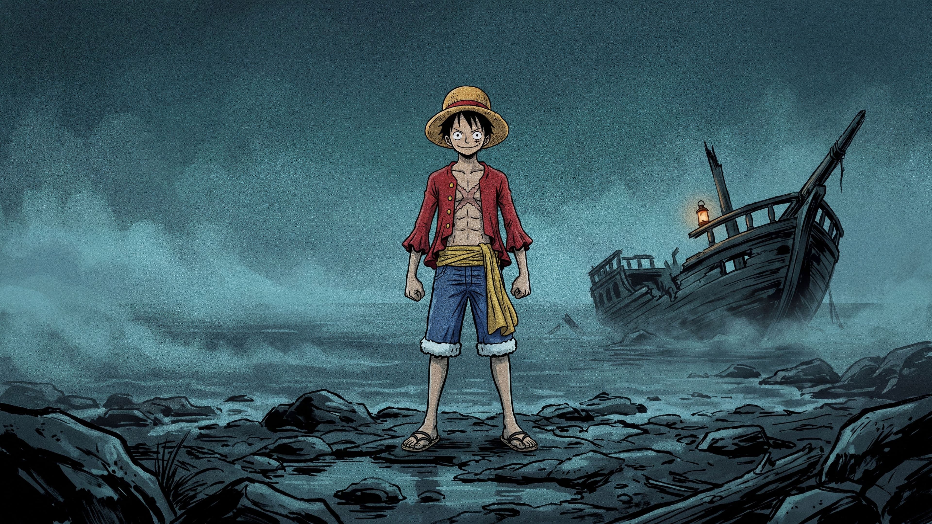 Monkey D. Luffy desktop wallpaper: Luffy standing on a rocky shore at night beside an old shipwreck with one lantern, teal fog rolling in