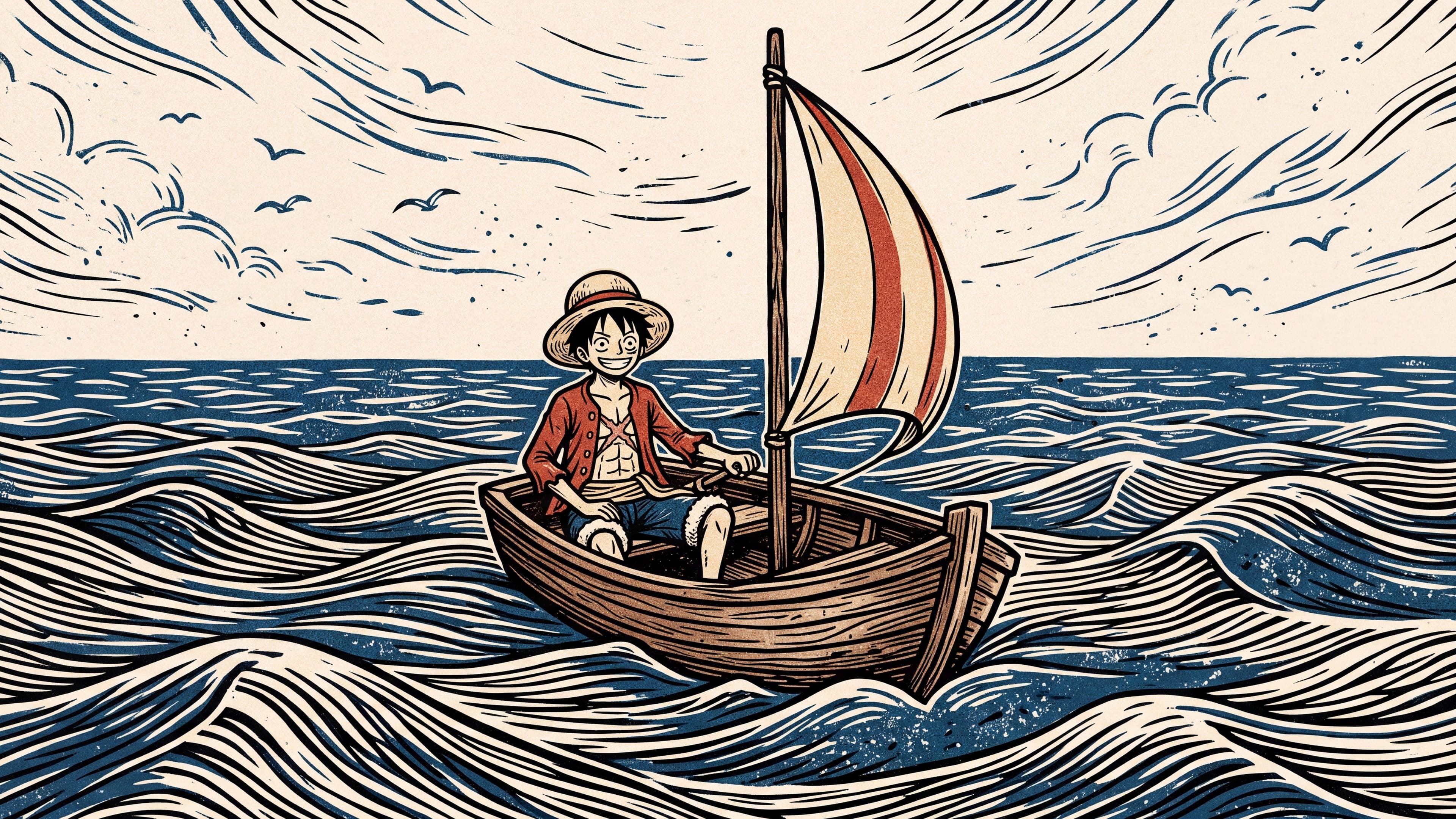 Monkey D. Luffy desktop wallpaper: Luffy at the tiller of a small one-sail boat on a rolling open sea with seagulls overhead