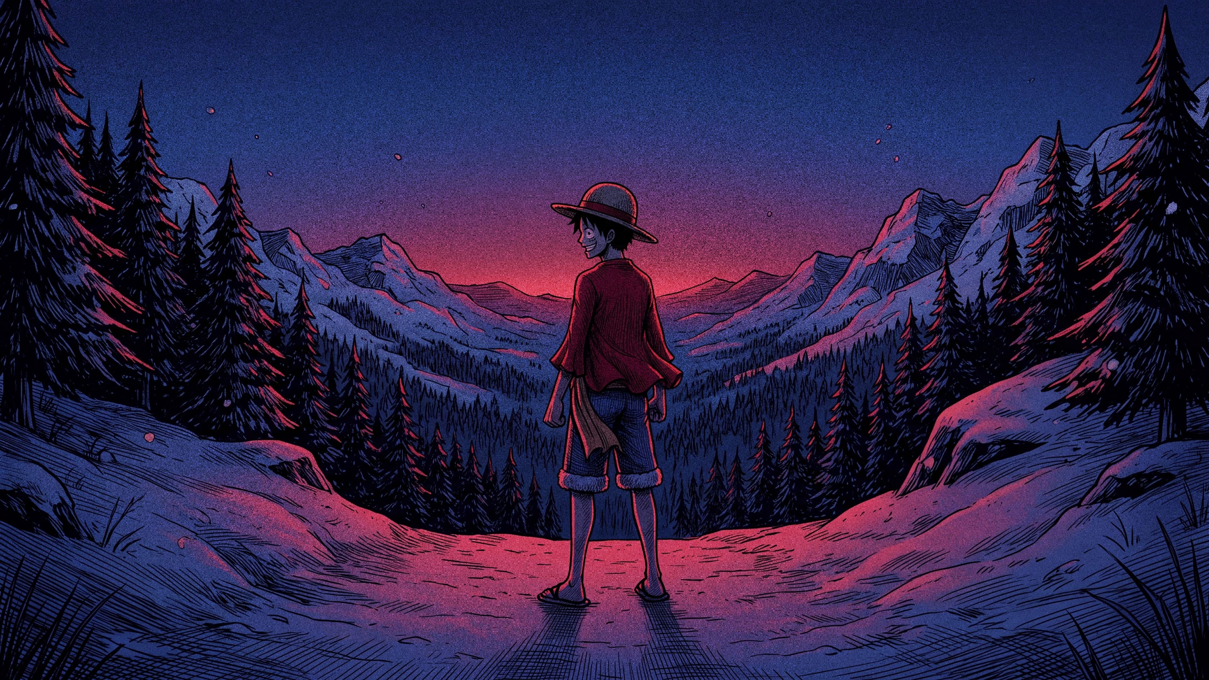 Monkey D. Luffy desktop wallpaper: Luffy standing on a snowy mountain path through dark pines at night, a crimson glow on the horizon