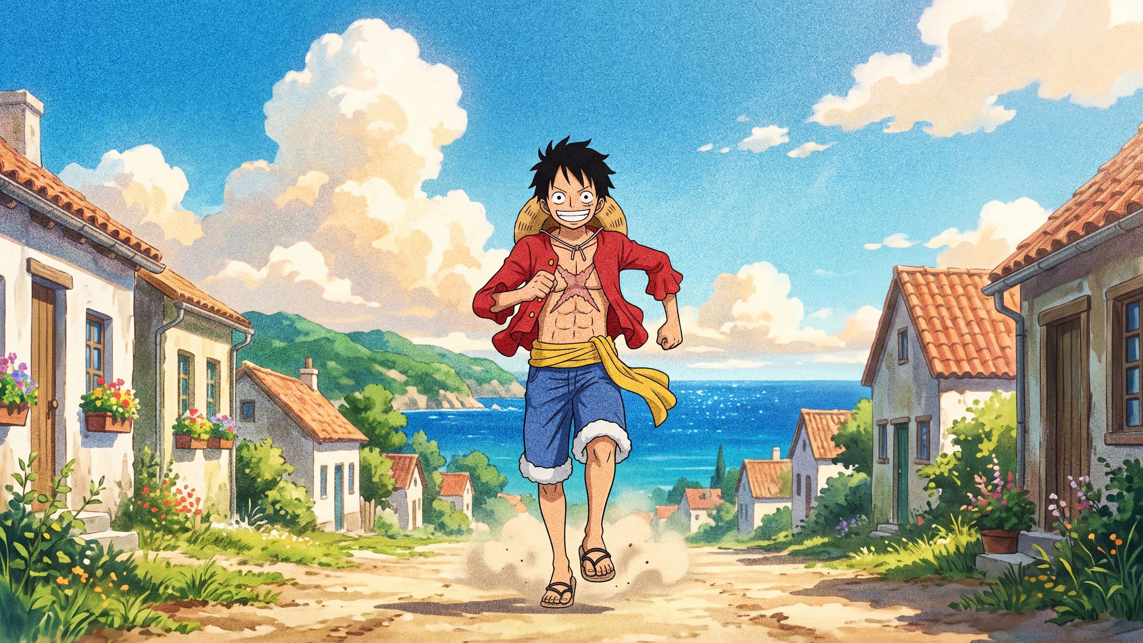 Monkey D. Luffy desktop wallpaper: Luffy running down a sunny village road toward the sea, his straw hat flying behind him on its string
