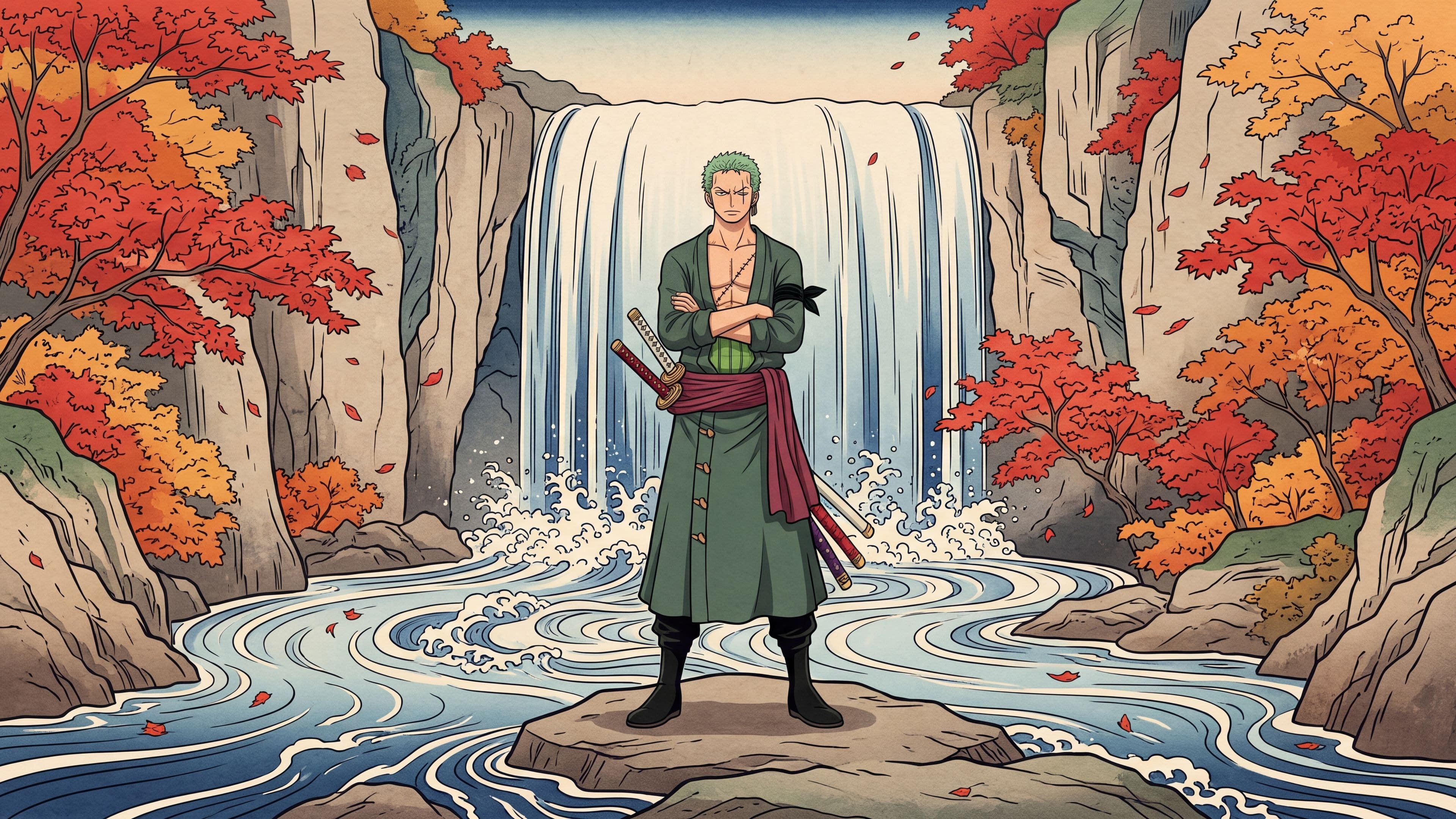 Roronoa Zoro desktop wallpaper: Zoro standing with arms folded on a rock below a tall waterfall, red maple leaves drifting