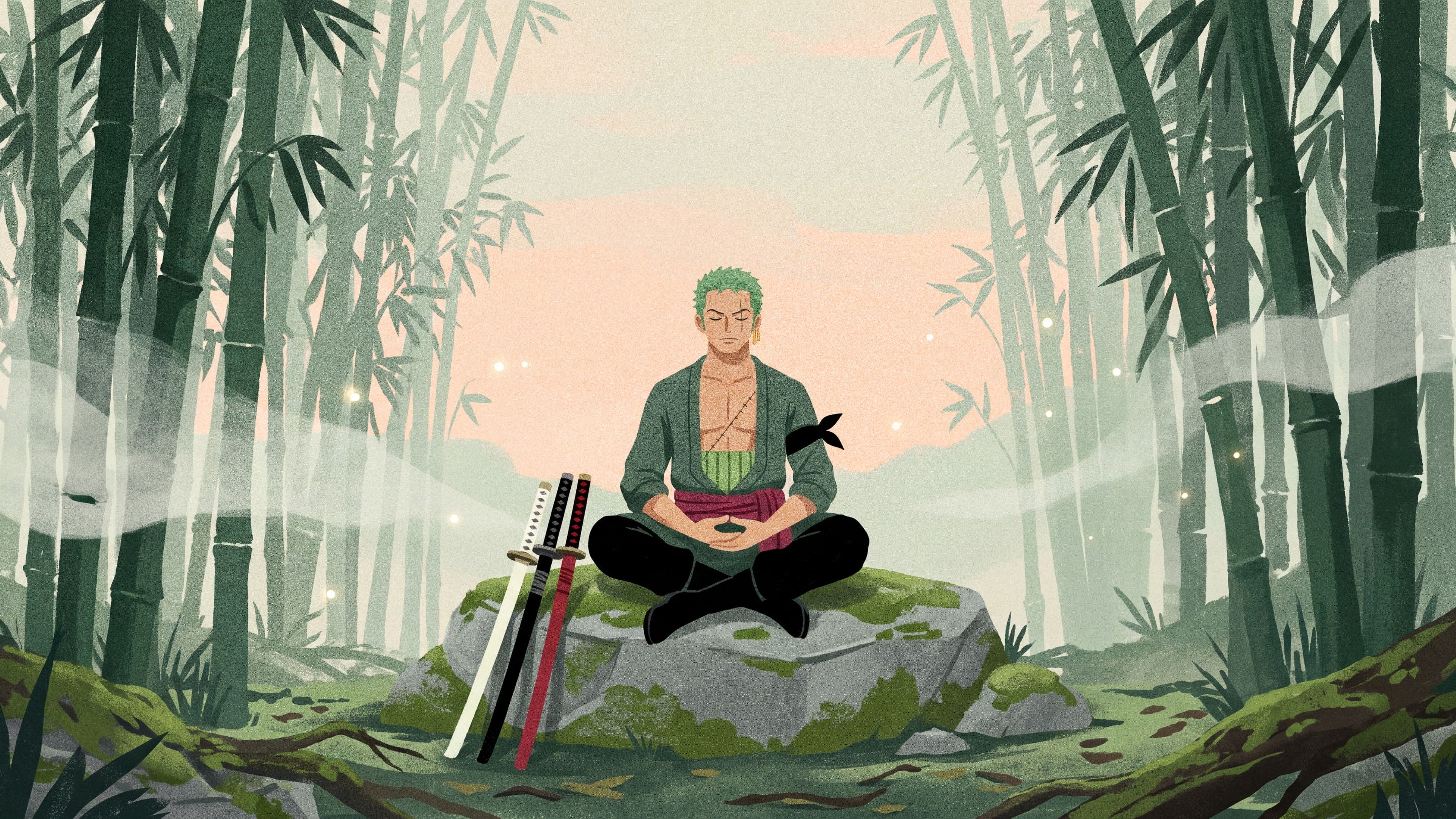 Roronoa Zoro desktop wallpaper: Zoro sitting cross-legged in meditation on a mossy rock in a misty bamboo forest at dawn, his three swords beside him