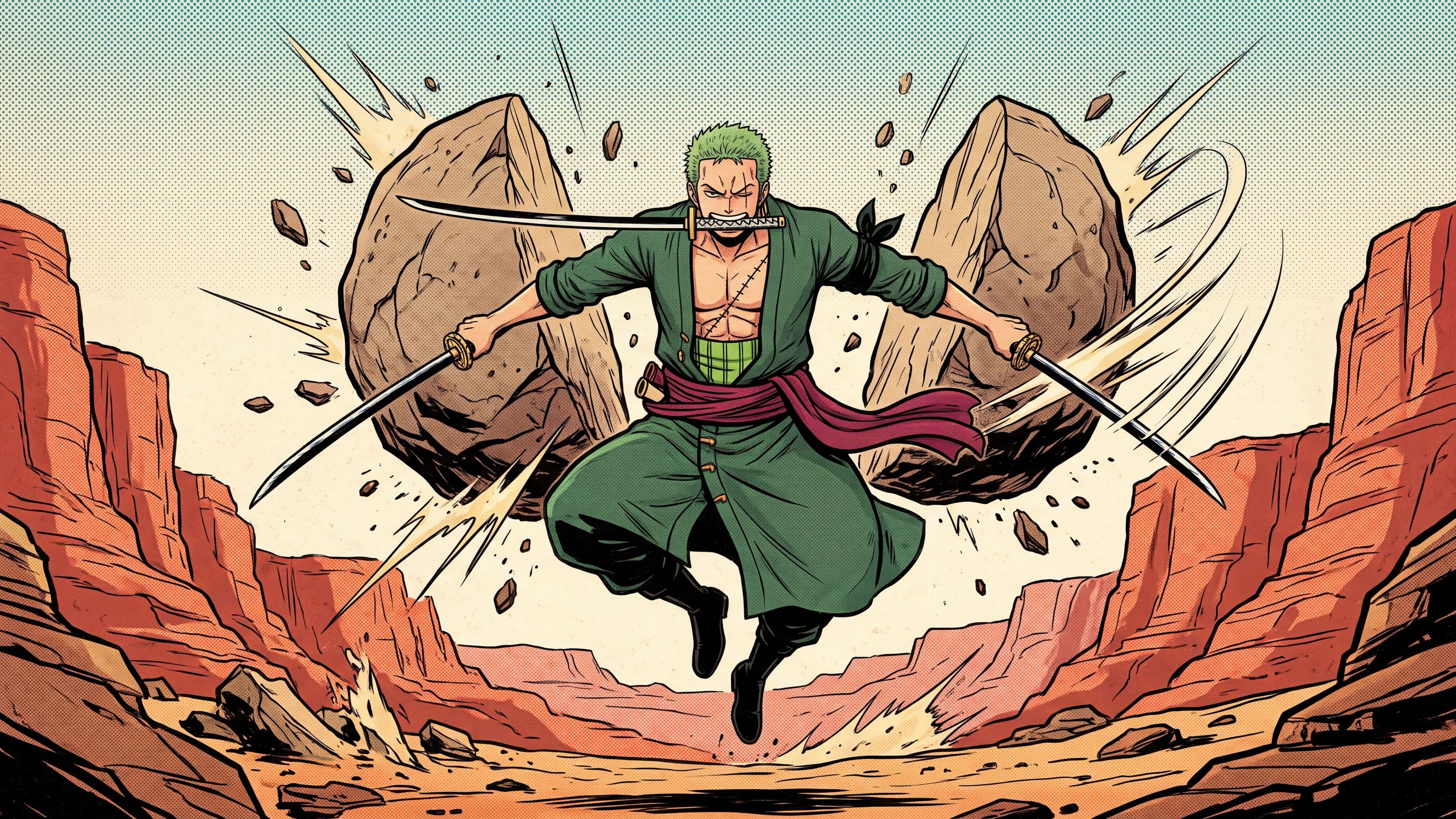 Roronoa Zoro desktop wallpaper: Zoro leaping through a red rock canyon with three swords as a huge boulder splits in two behind him