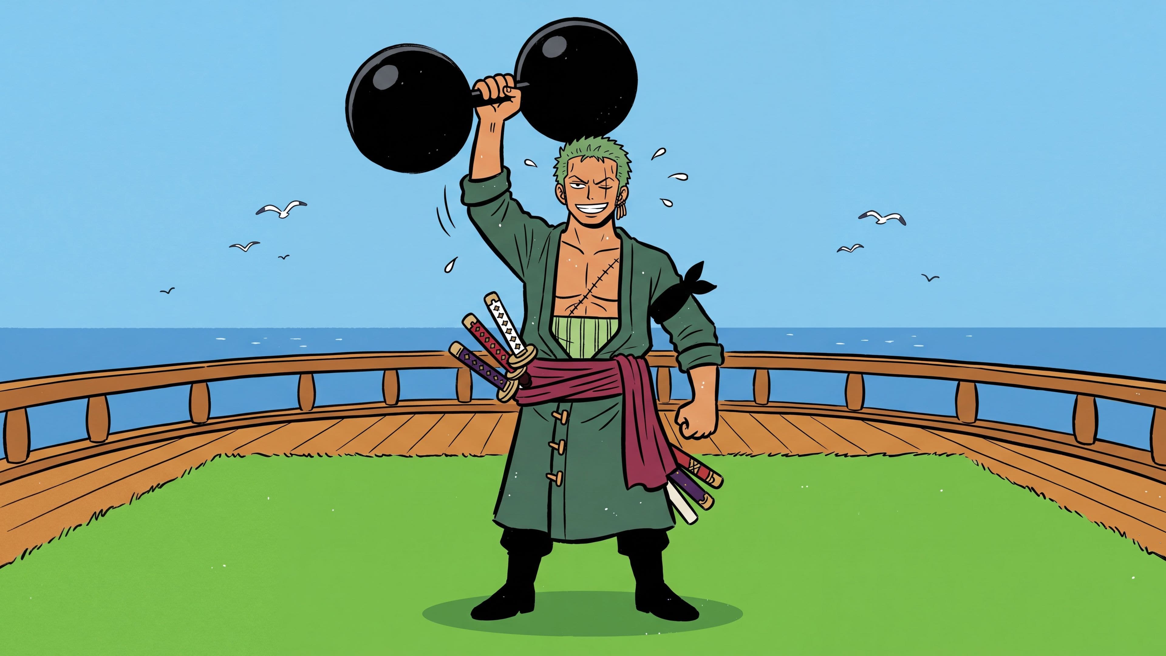 Roronoa Zoro desktop wallpaper: Zoro grinning as he lifts a huge black dumbbell on a ship's grassy lawn deck