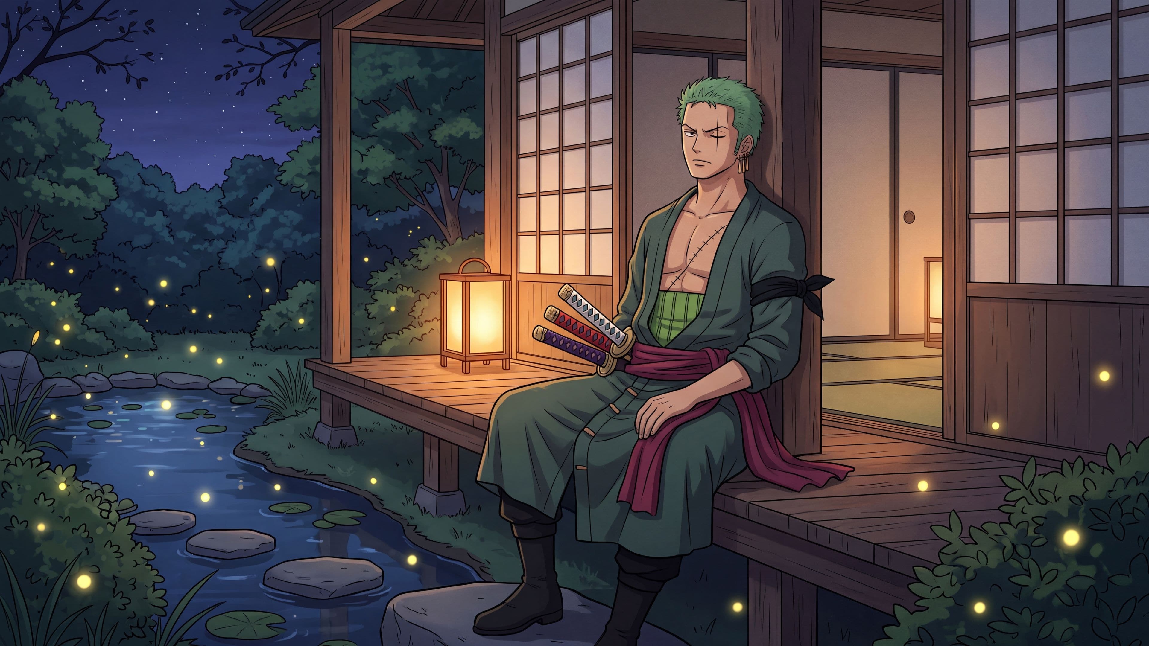 Roronoa Zoro desktop wallpaper: Zoro resting on the wooden veranda of a Japanese inn on a summer night, fireflies over a garden pond