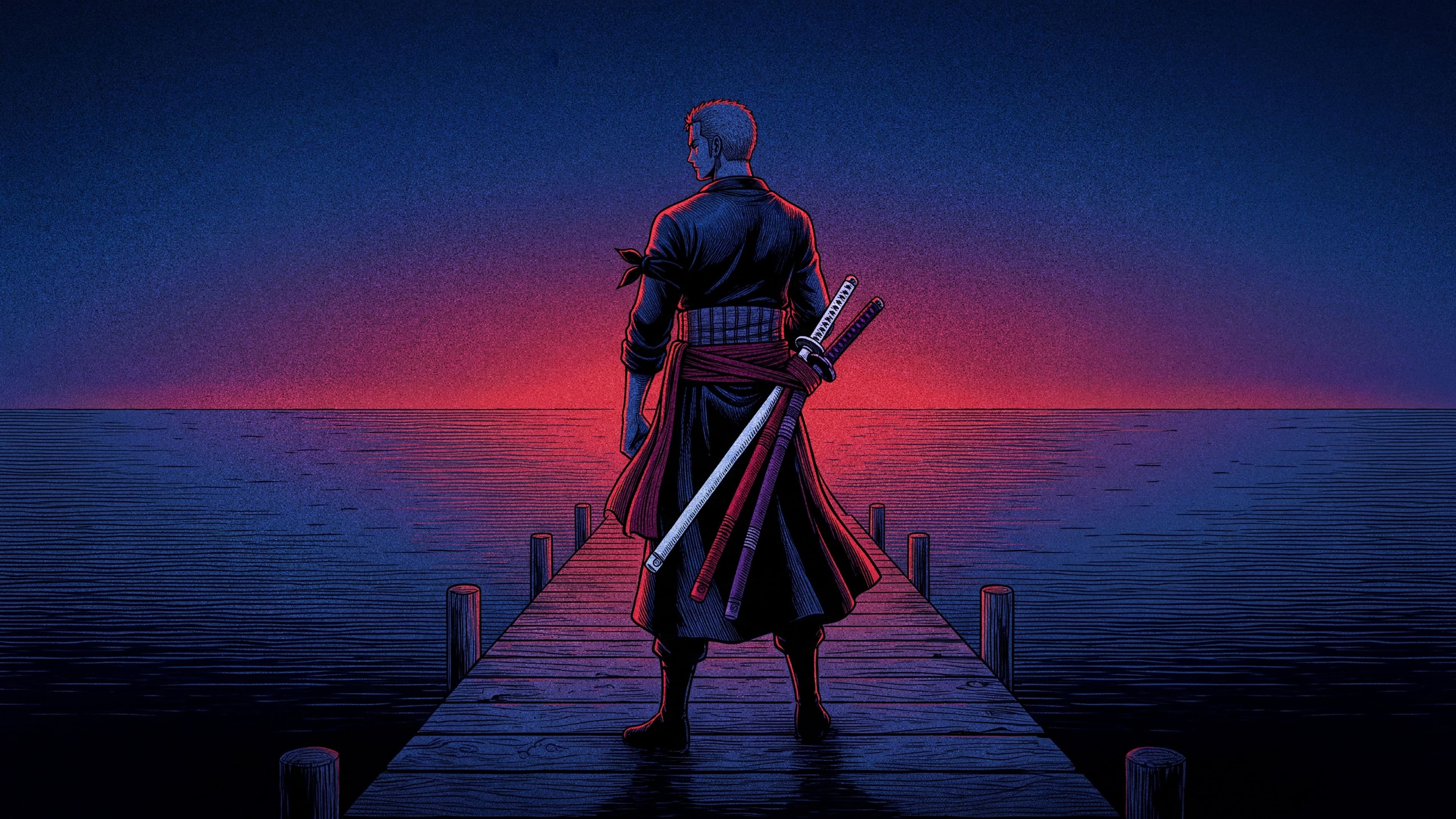 Roronoa Zoro desktop wallpaper: Zoro standing at the end of a wooden dock at night, looking out at a crimson glow on the horizon