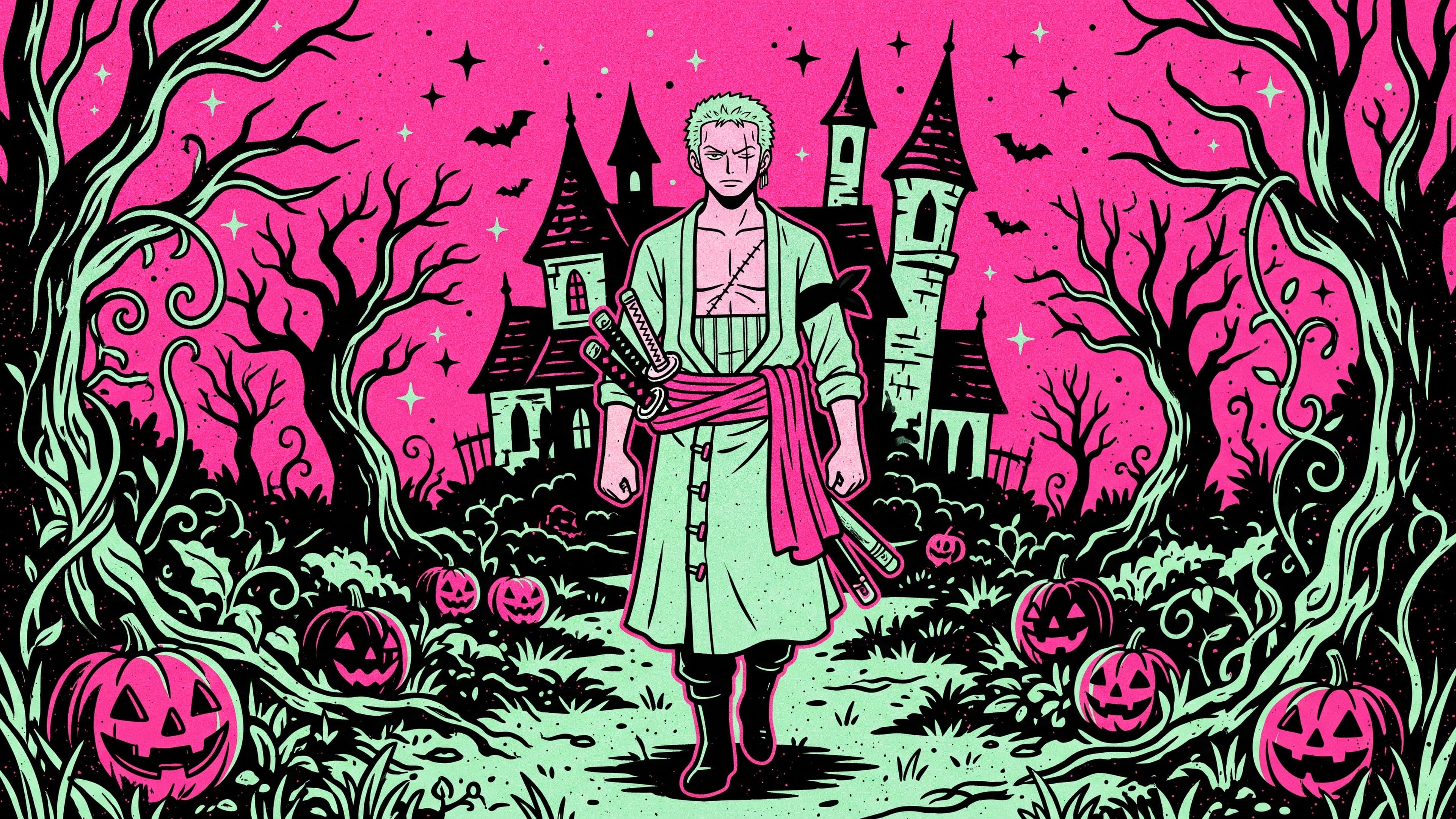 Roronoa Zoro desktop wallpaper: Zoro walking through the overgrown garden of a haunted mansion at night, with bats and carved pumpkins