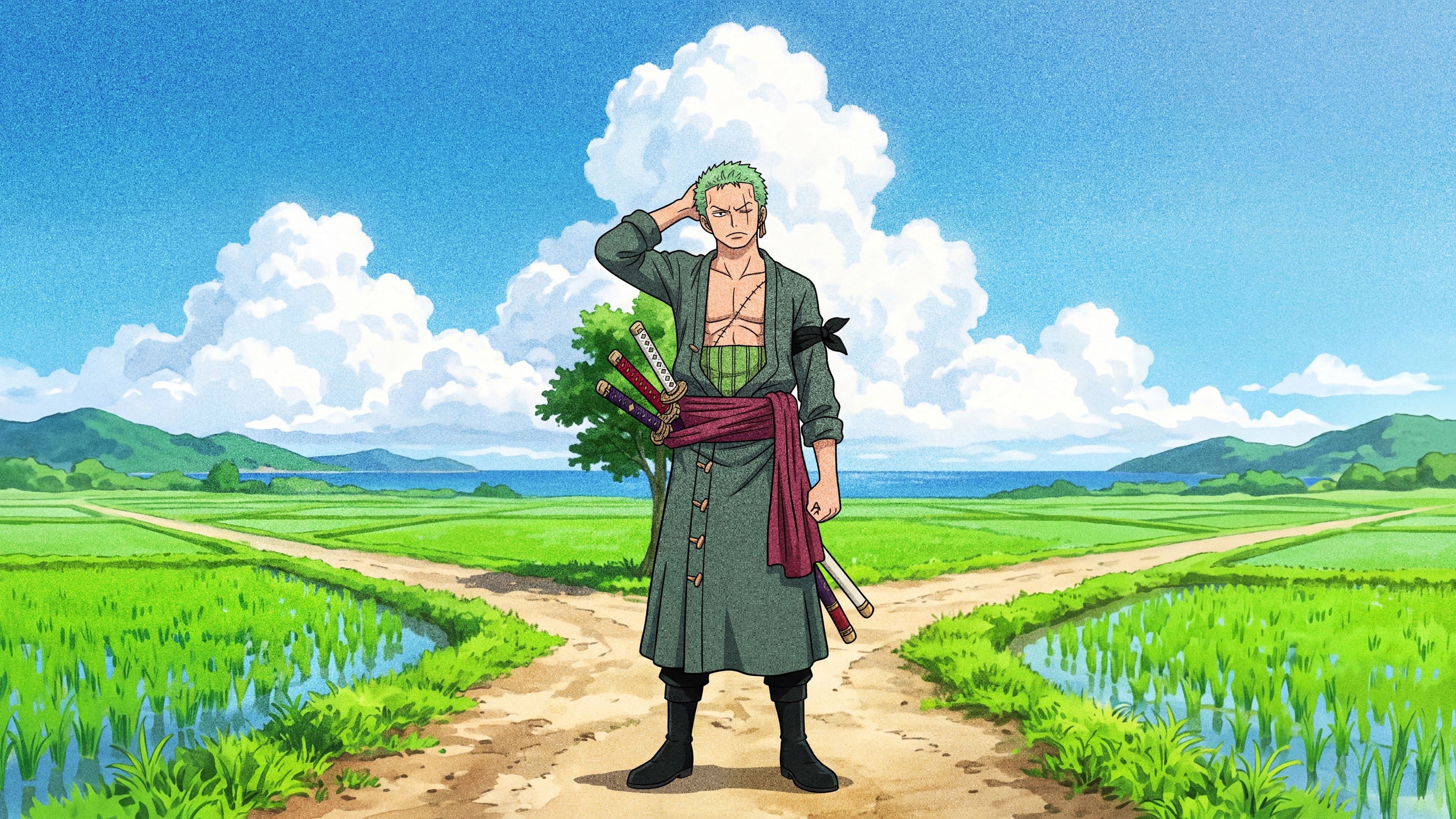 Roronoa Zoro desktop wallpaper: Zoro scratching his head at a fork in a dirt road between green rice paddies on a summer day