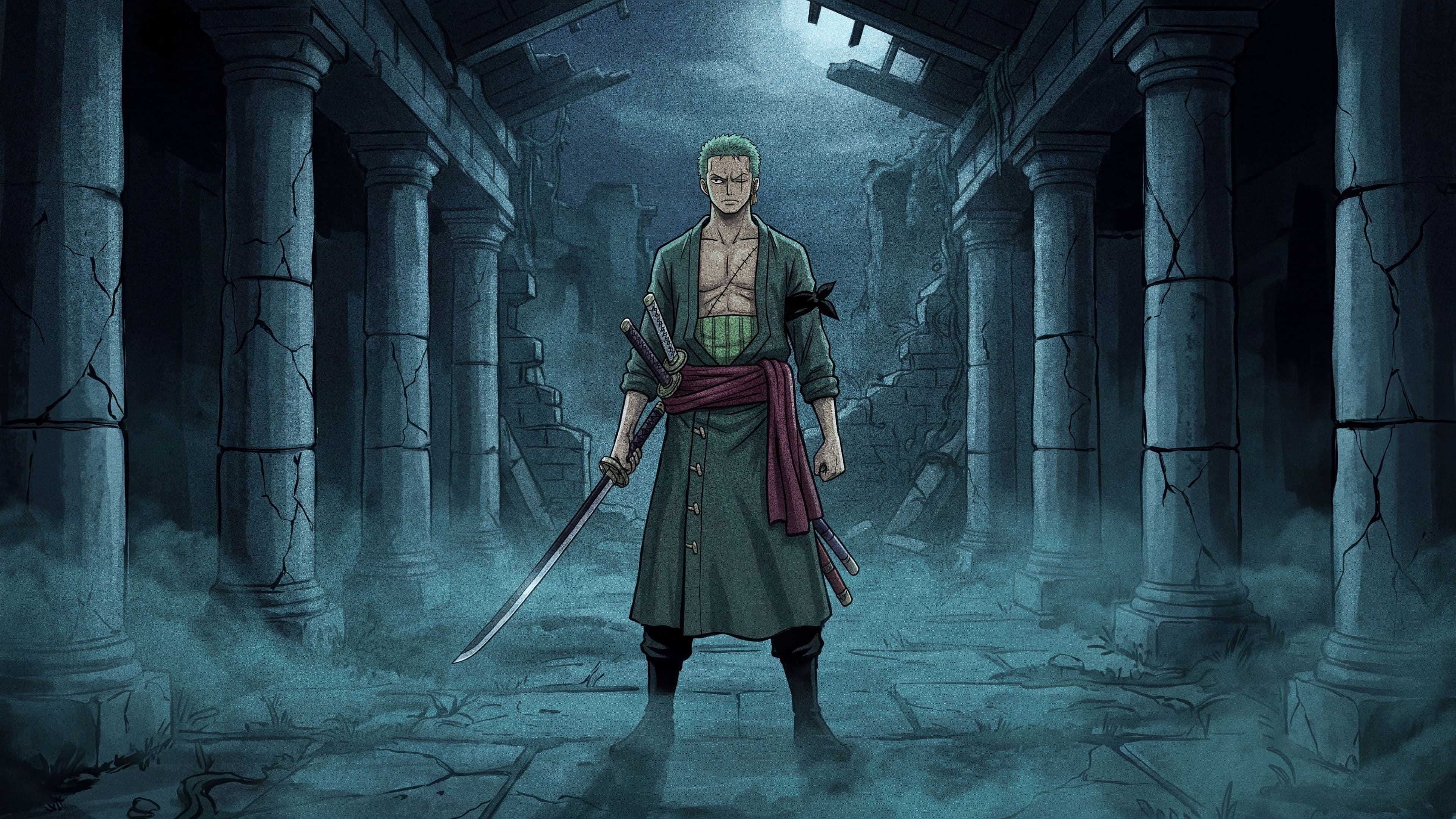 Roronoa Zoro desktop wallpaper: Zoro standing with one sword drawn in a ruined stone temple at night, moonlight and teal mist around him