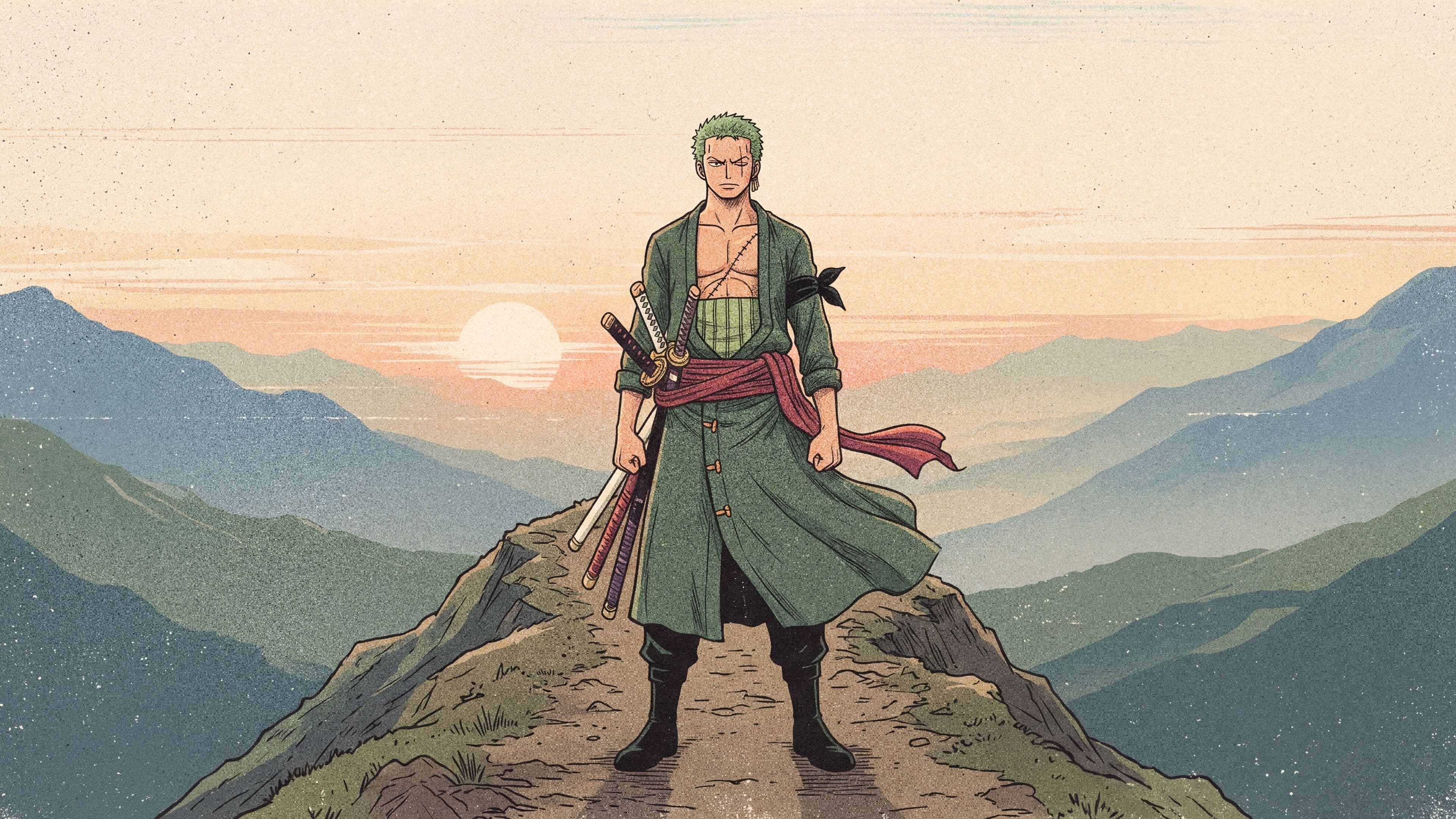 Roronoa Zoro desktop wallpaper: Zoro standing on a high mountain ridge path at sunset, his robe and sash blowing in the wind